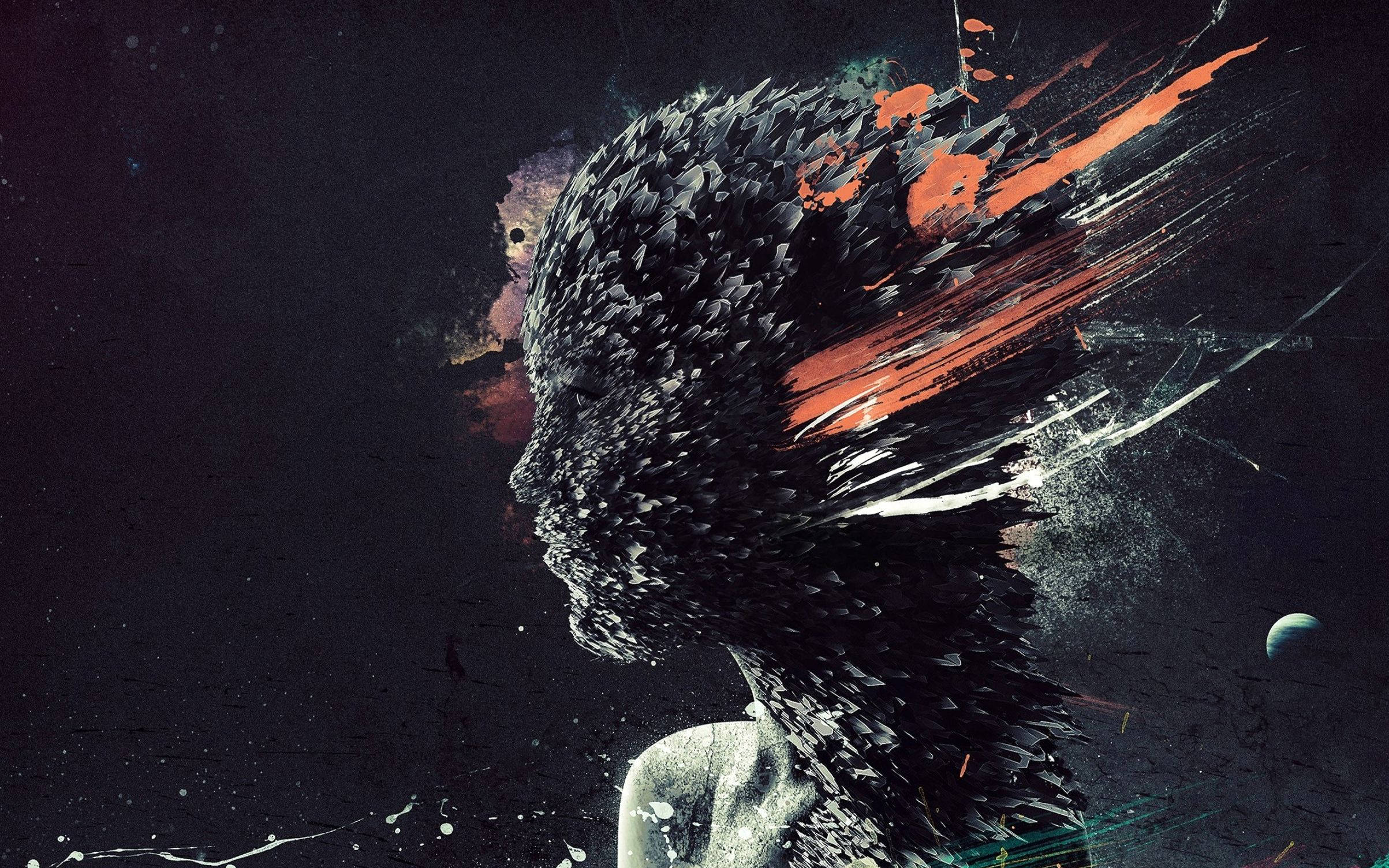 abstract portrait art, black shards, orange streaks, Full HD Desktop Wallpaper