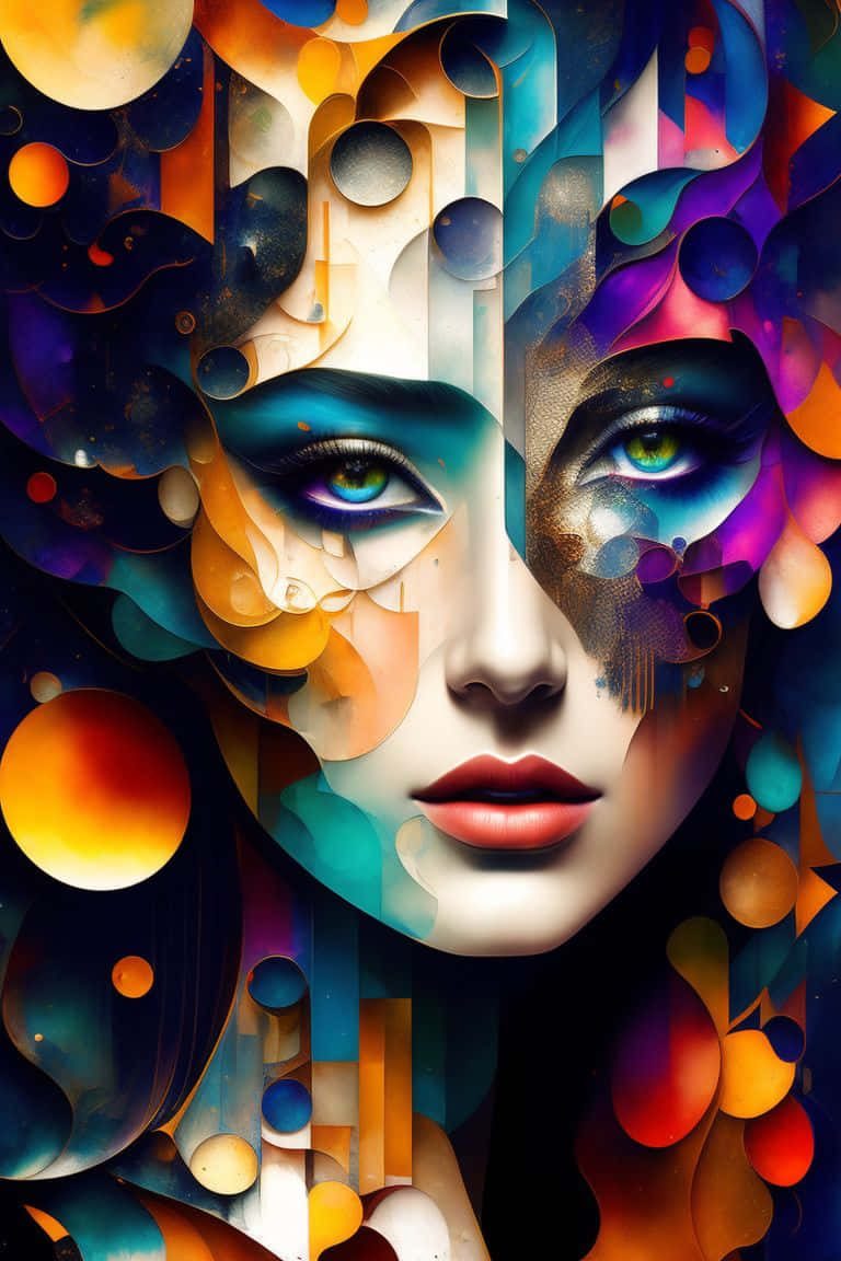 abstract female portrait, colorful geometric patterns, cool tones, SD Phone Wallpaper