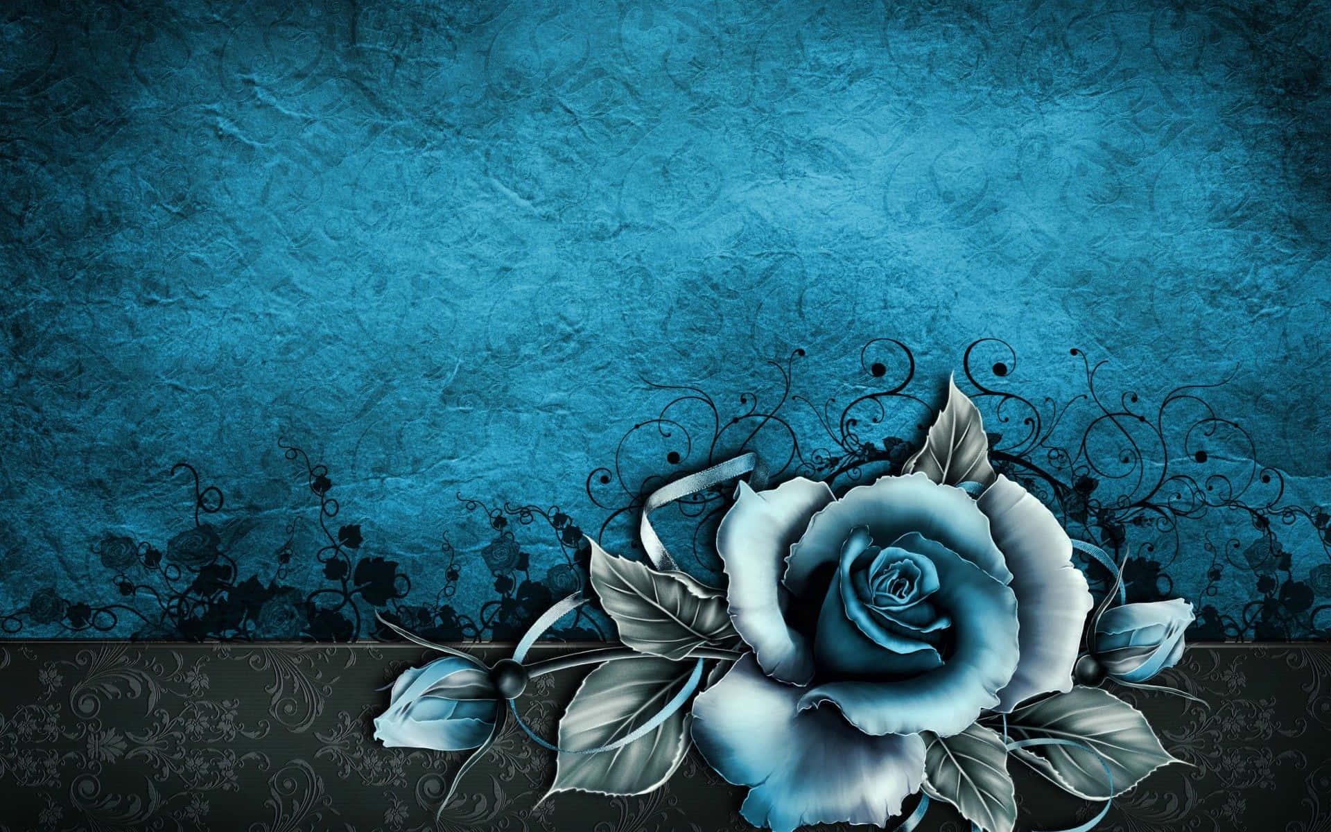 dark blue rose, silver leaves, textured teal background, Full HD Desktop Wallpaper