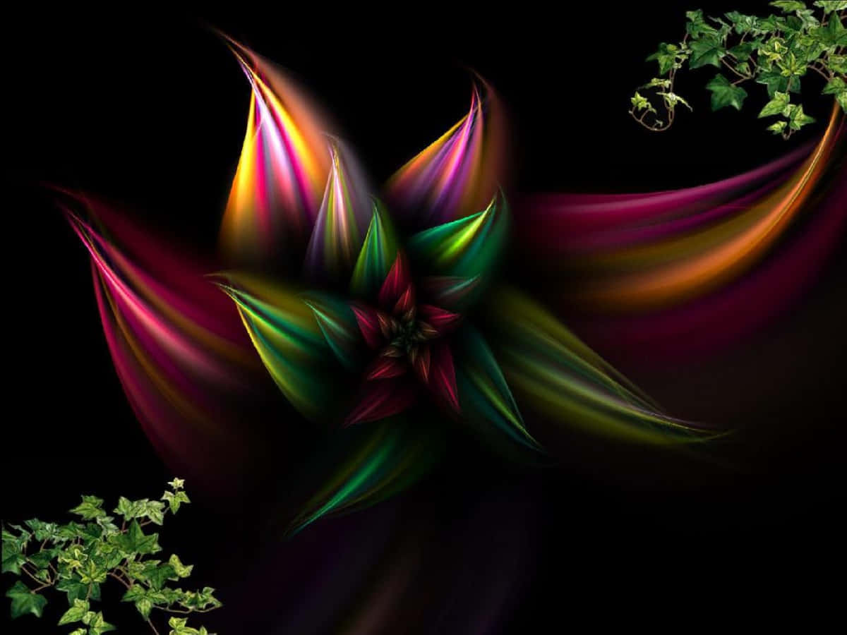 Abstract Expression of a Rose Blossom, rainbow hues, green ivy accents, SD Desktop Wallpaper