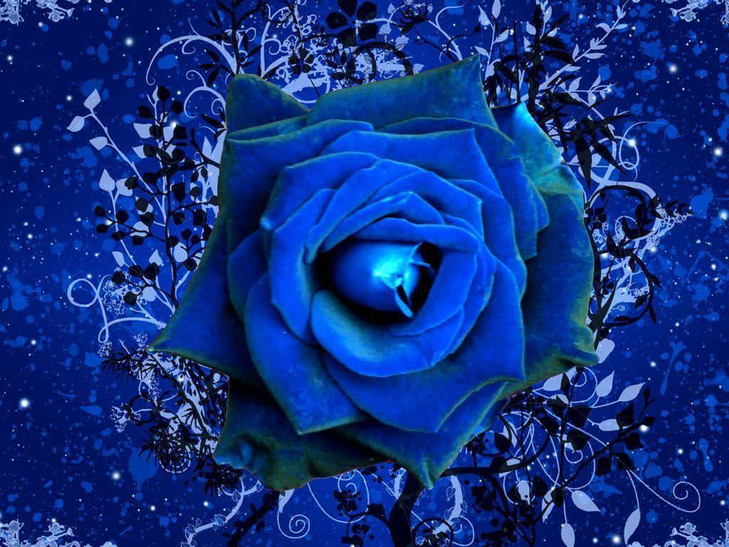 dark blue rose, deep blue starry background, swirling white and black floral vines, SD Desktop Wallpaper