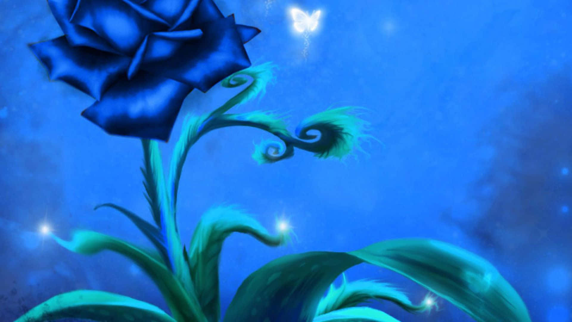 dark blue rose, glowing green leaves, glowing butterfly, Full HD Desktop Wallpaper