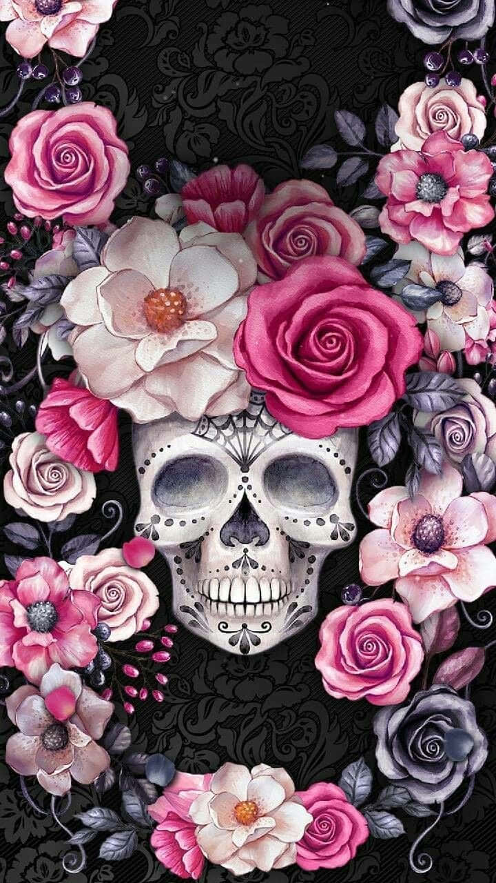 skulls and roses, vibrant pink and purple roses, black damask background, HD Phone Wallpaper