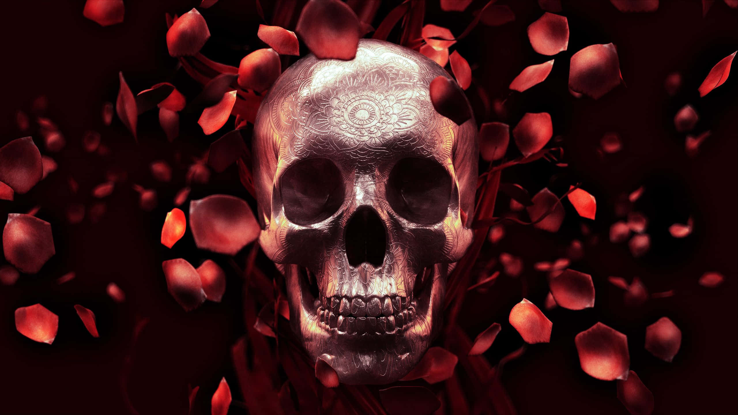 skulls and roses, metallic skull, intricate floral patterns, 2K Desktop Wallpaper
