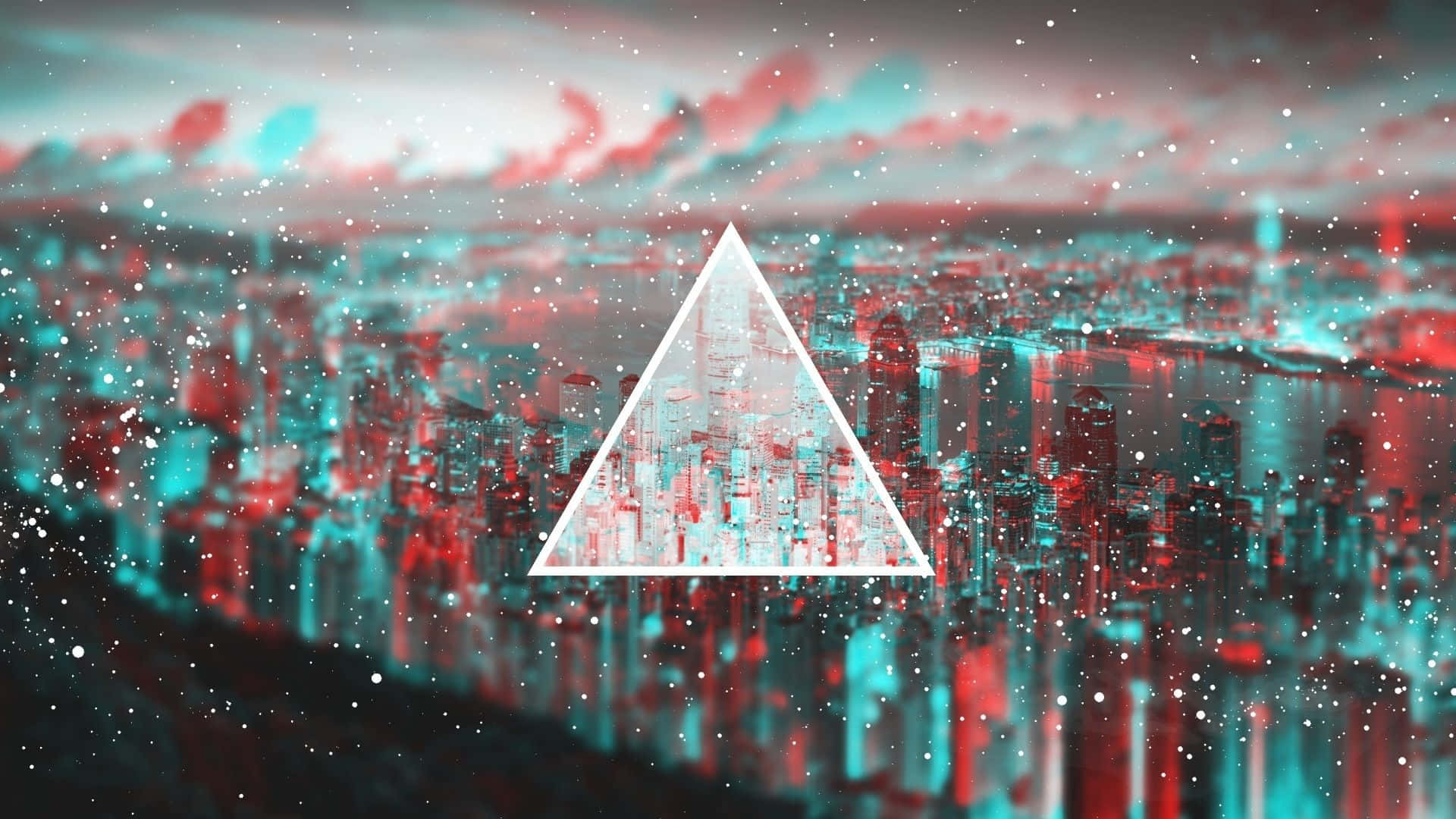 glowing white triangle, futuristic cityscape, red and cyan digital hues, Full HD Desktop Wallpaper