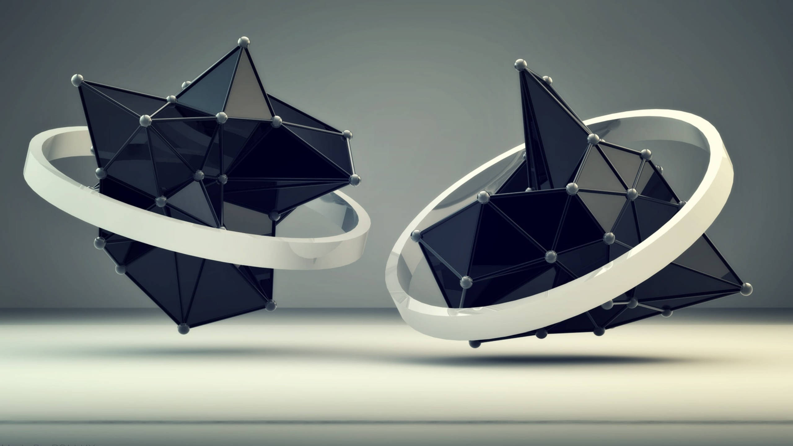 3D Platonic shapes, rings, glossy black, 2K Desktop Wallpaper