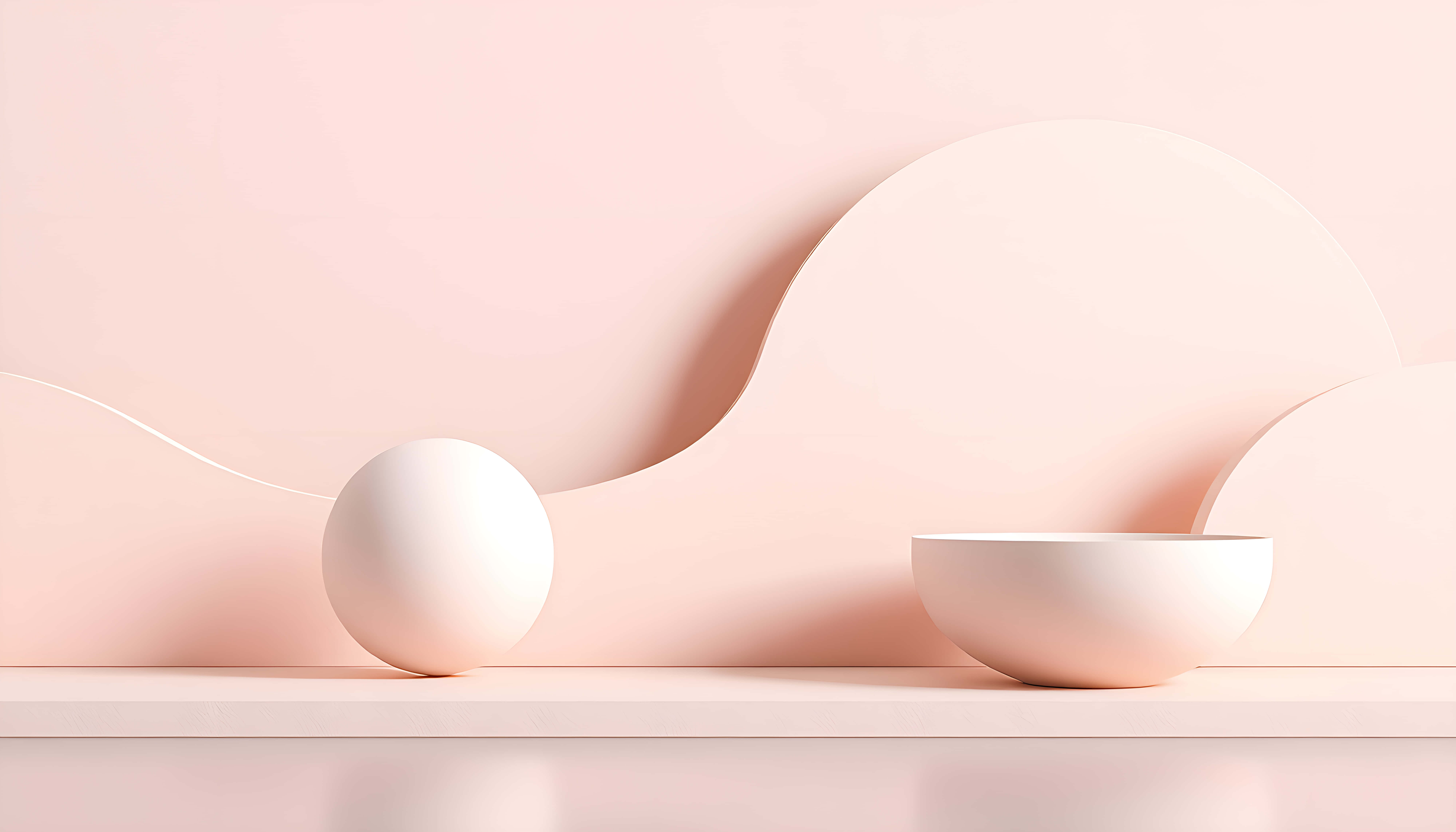 white sphere, bowl, pale pink shelf, 8K Desktop Wallpaper