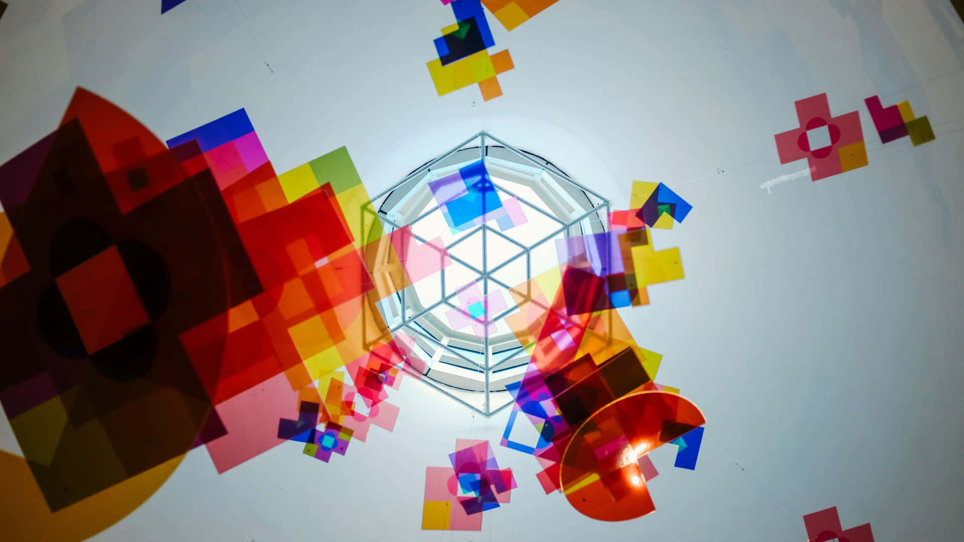 geometric glass dome, floating colorful translucent squares, vibrant light patterns, Full HD Desktop Wallpaper