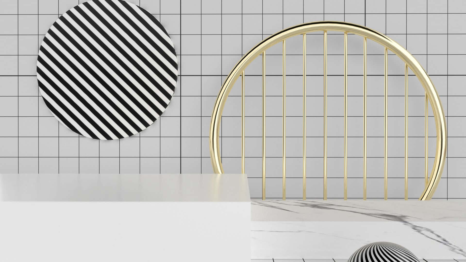 gold arched chair, black white striped circular art piece, grid wall, Full HD Desktop Wallpaper