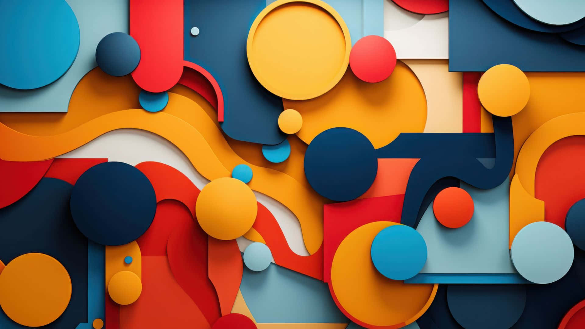 colorful abstract shapes composition, layered 3d geometric shapes, bold red orange blue and yellow hues, Full HD Desktop Wallpaper