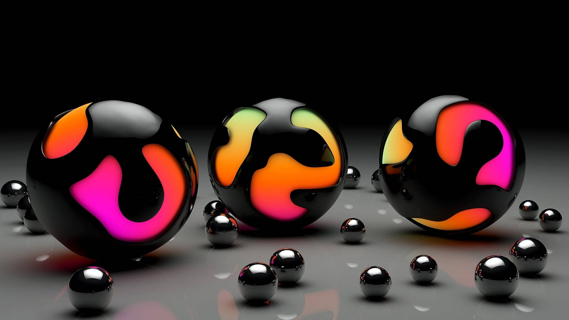 Abstract Mable Malls, glossy black spheres, swirling neon orange pink and yellow patterns, Full HD Desktop Wallpaper
