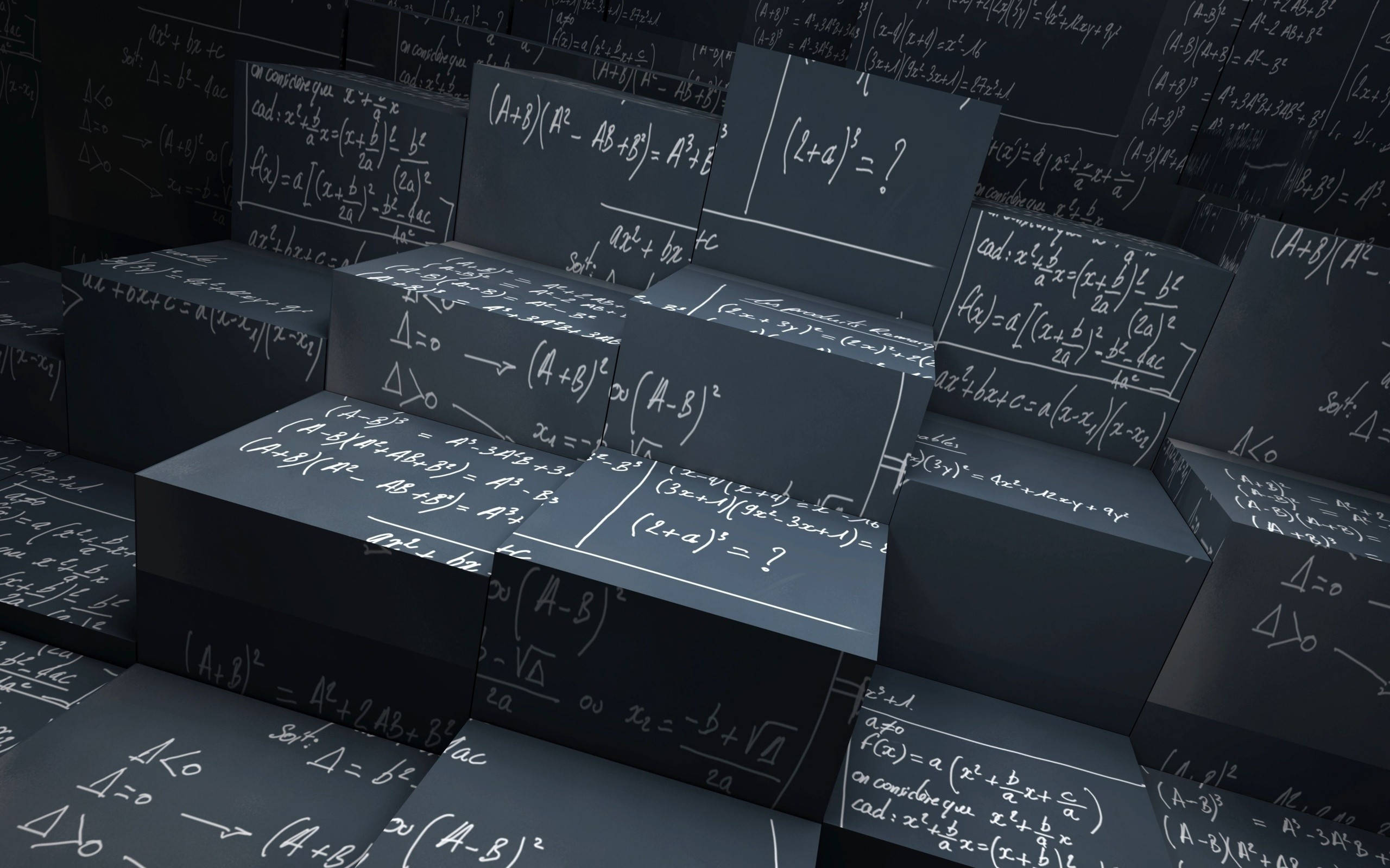 mathematics numbers, black cubes, glowing mathematical equations, 2K Desktop Wallpaper