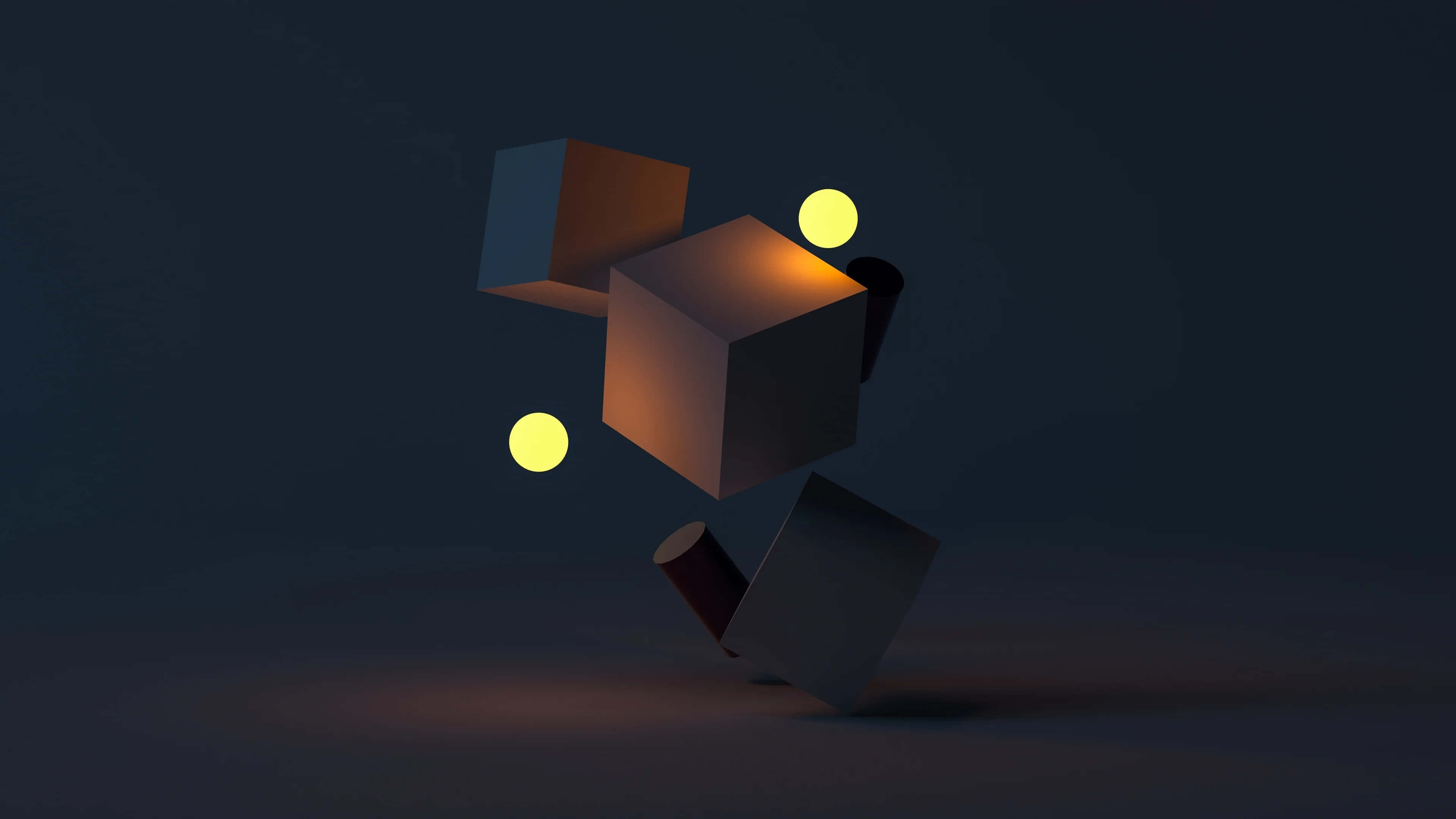 Abstract3 D Compositionwith Cubesand Spheres, geometric cubes, glowing orbs, 4K Desktop Wallpaper