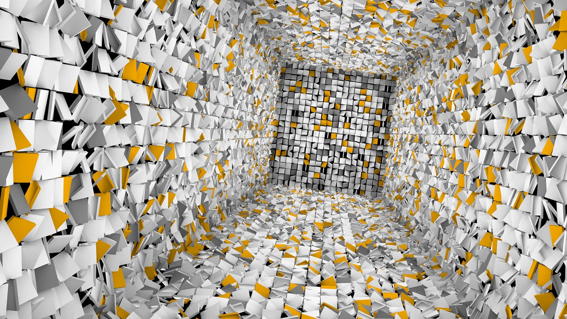abstract geometric explosion, futuristic tunnel, fragmented white and yellow geometric blocks, Full HD Desktop Wallpaper