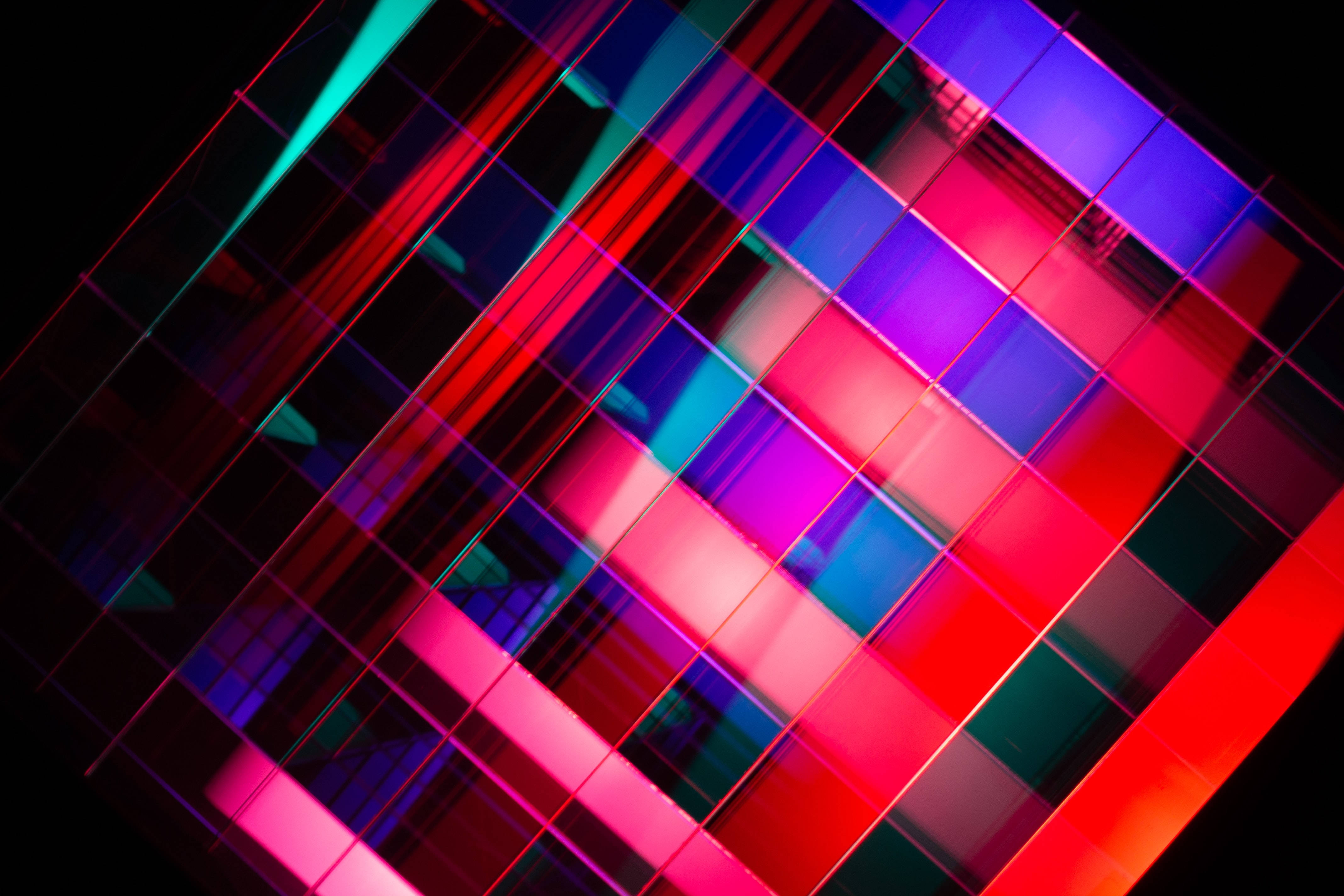 neon grid, glowing red pink and blue squares, black background, 4K Desktop Wallpaper