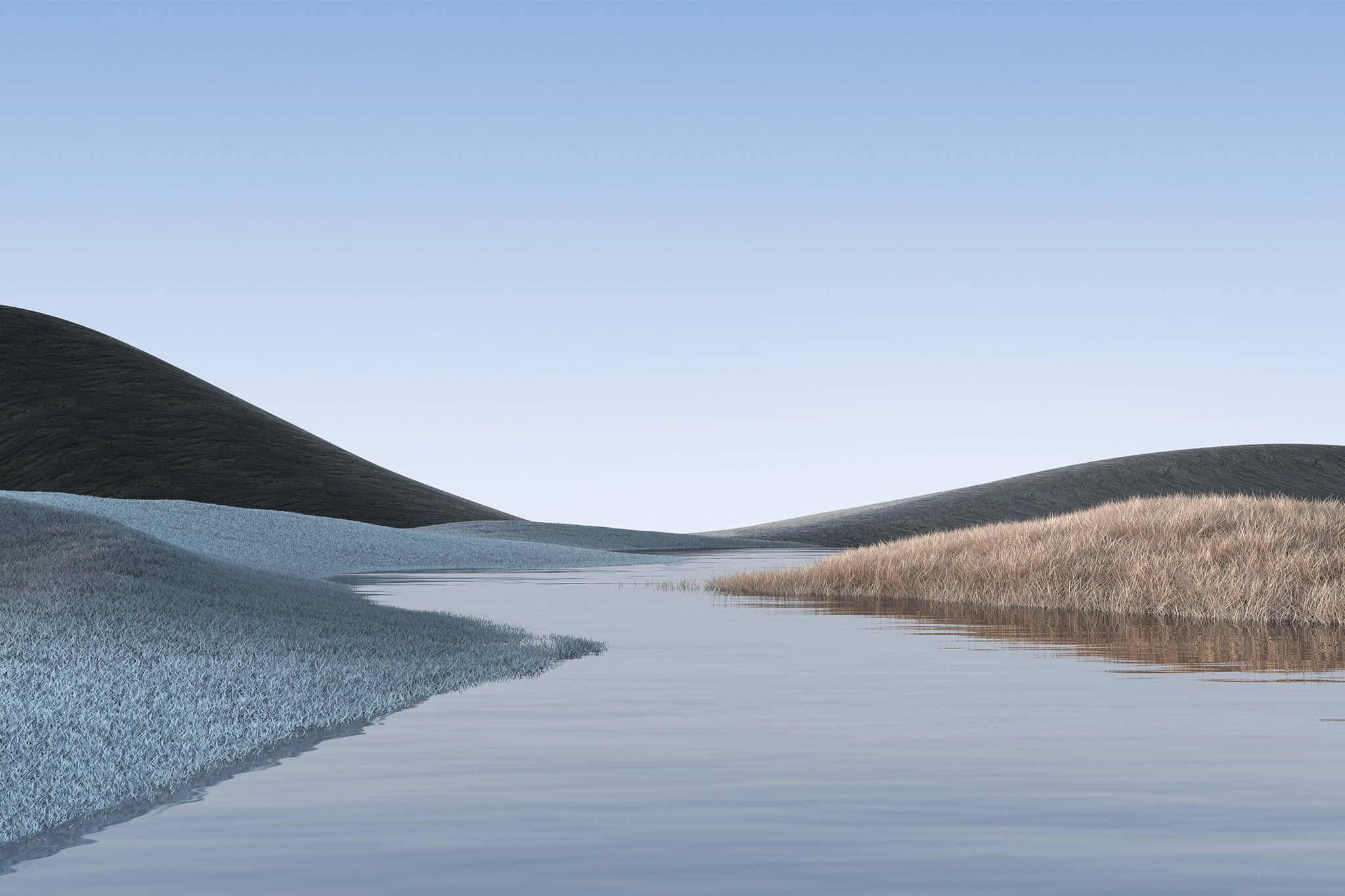 superficial water, serene river, textured hills, Full HD Desktop Wallpaper