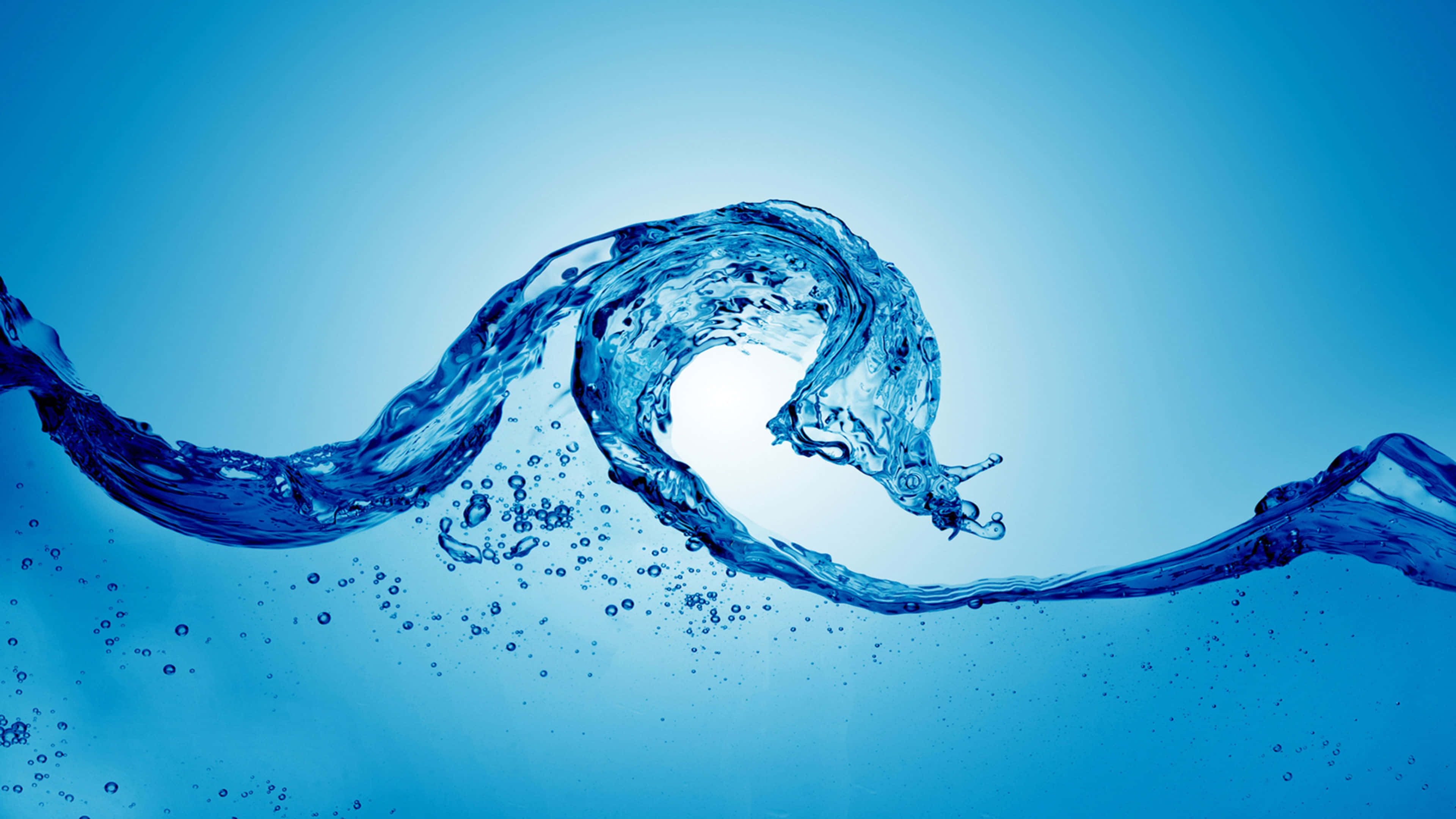blue water splash, graceful arc, soft gradient blue background, 4K Desktop Wallpaper