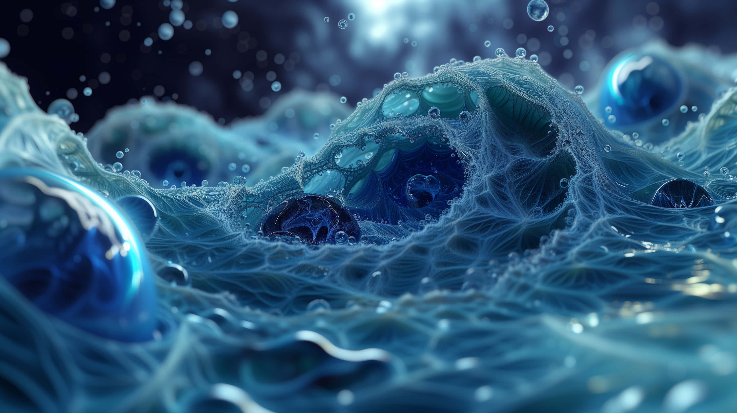 abstract blue water swirls, surreal blue liquid landscape, glowing bubbles, 2K Desktop Wallpaper