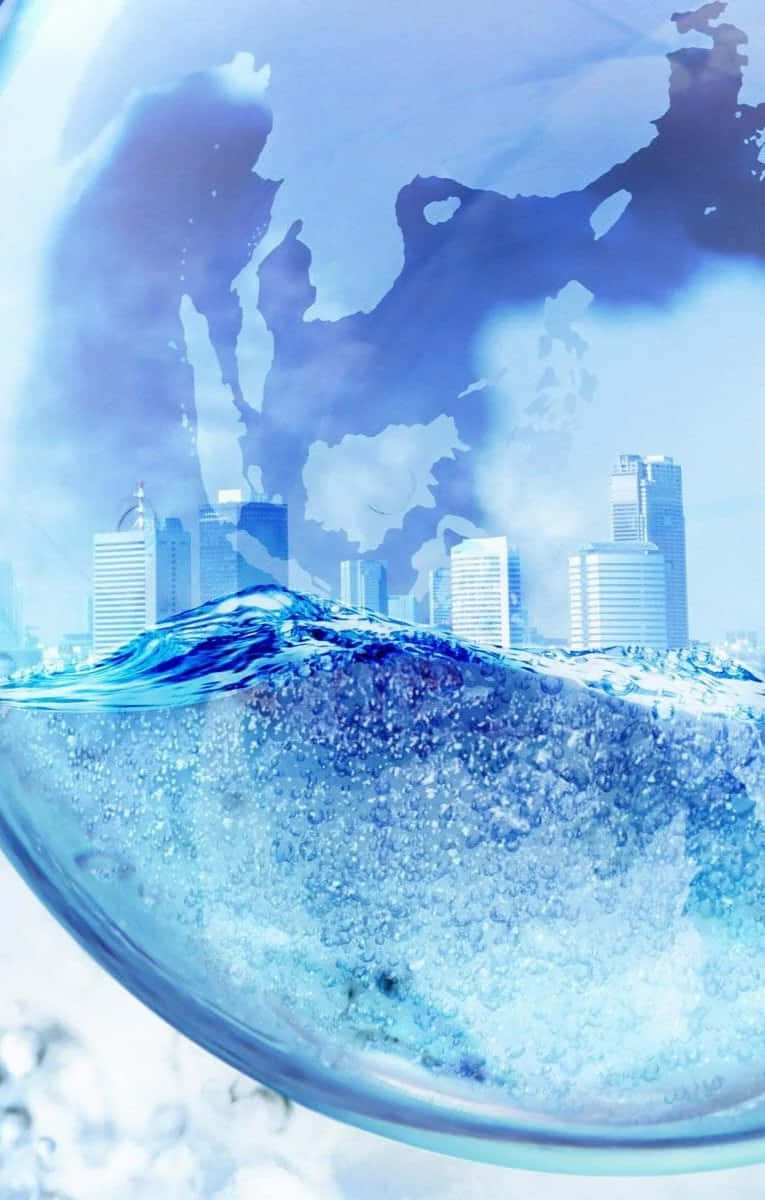 glass sphere, bubbling blue water, city skyline, SD Phone Wallpaper