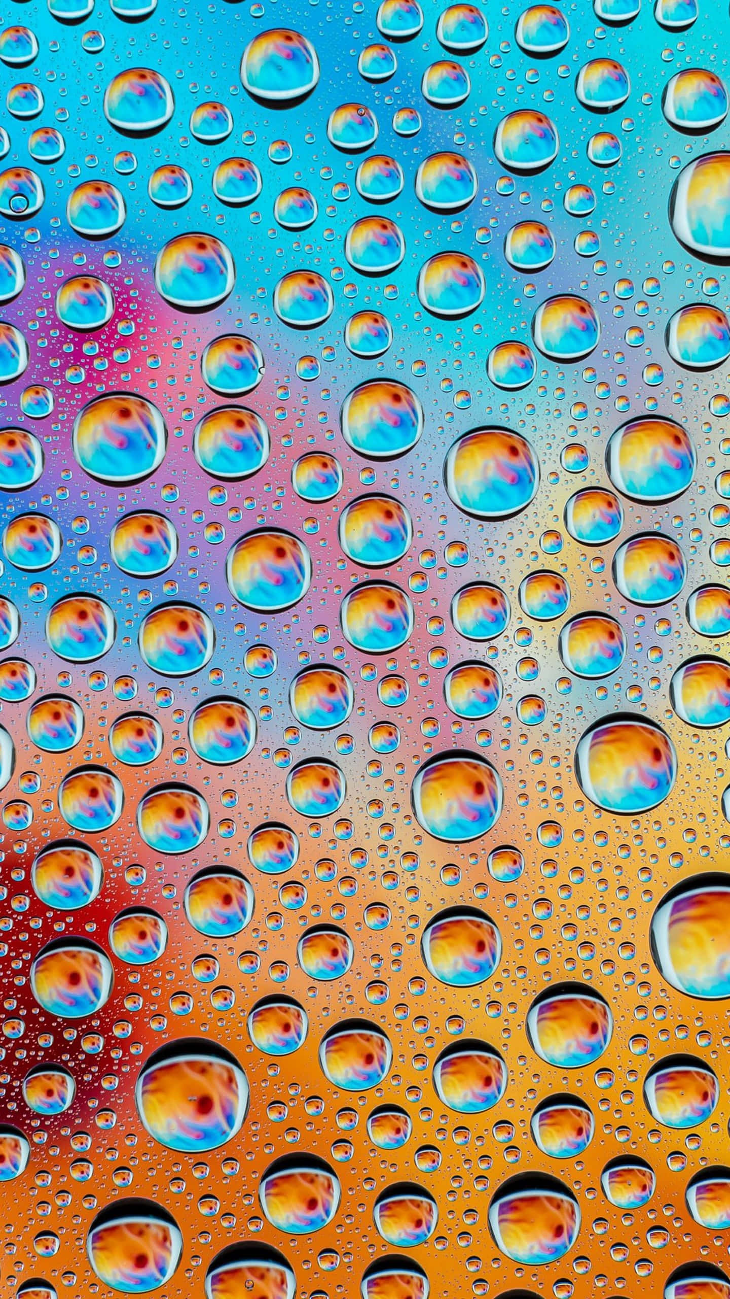 colorful water droplets, rainbow-hued water droplets, gradient sky, 2K Phone Wallpaper