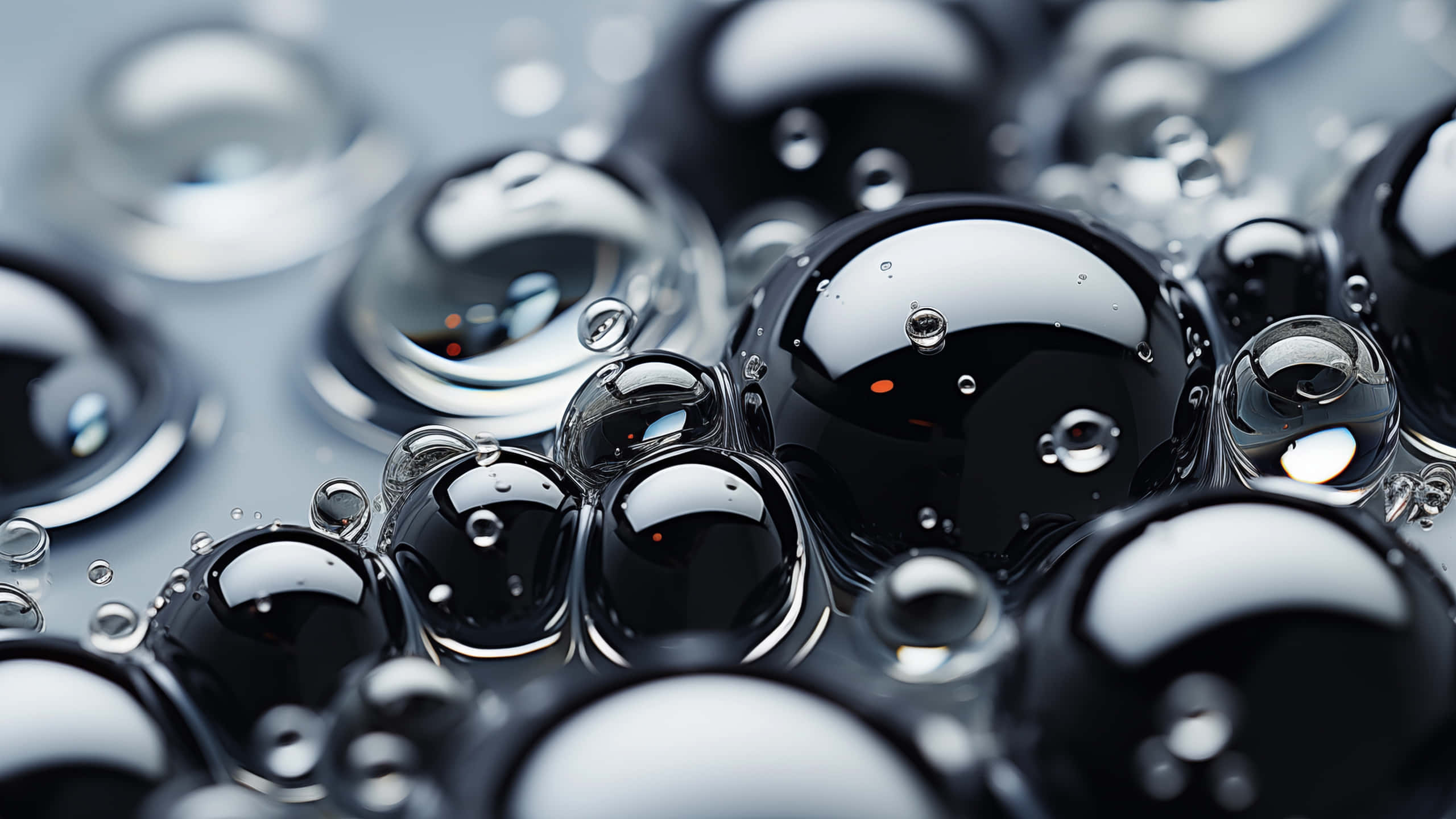 abstract water droplets reflections, glossy black, clear water droplets, 2K Desktop Wallpaper