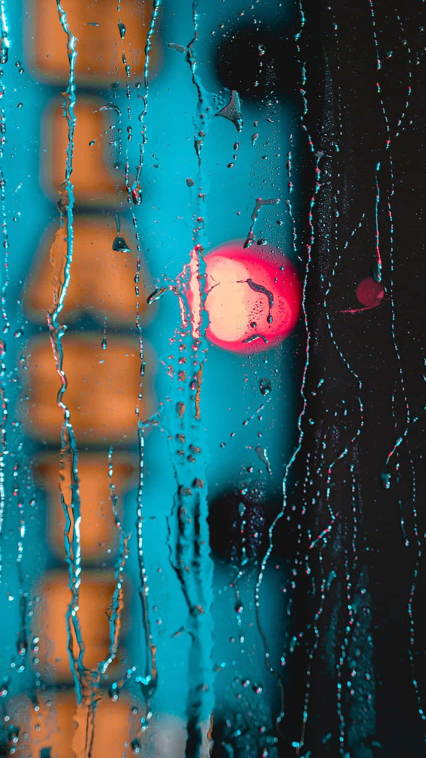 rainy window, glowing red circular light, teal and orange blurred cityscape, HD Phone Wallpaper