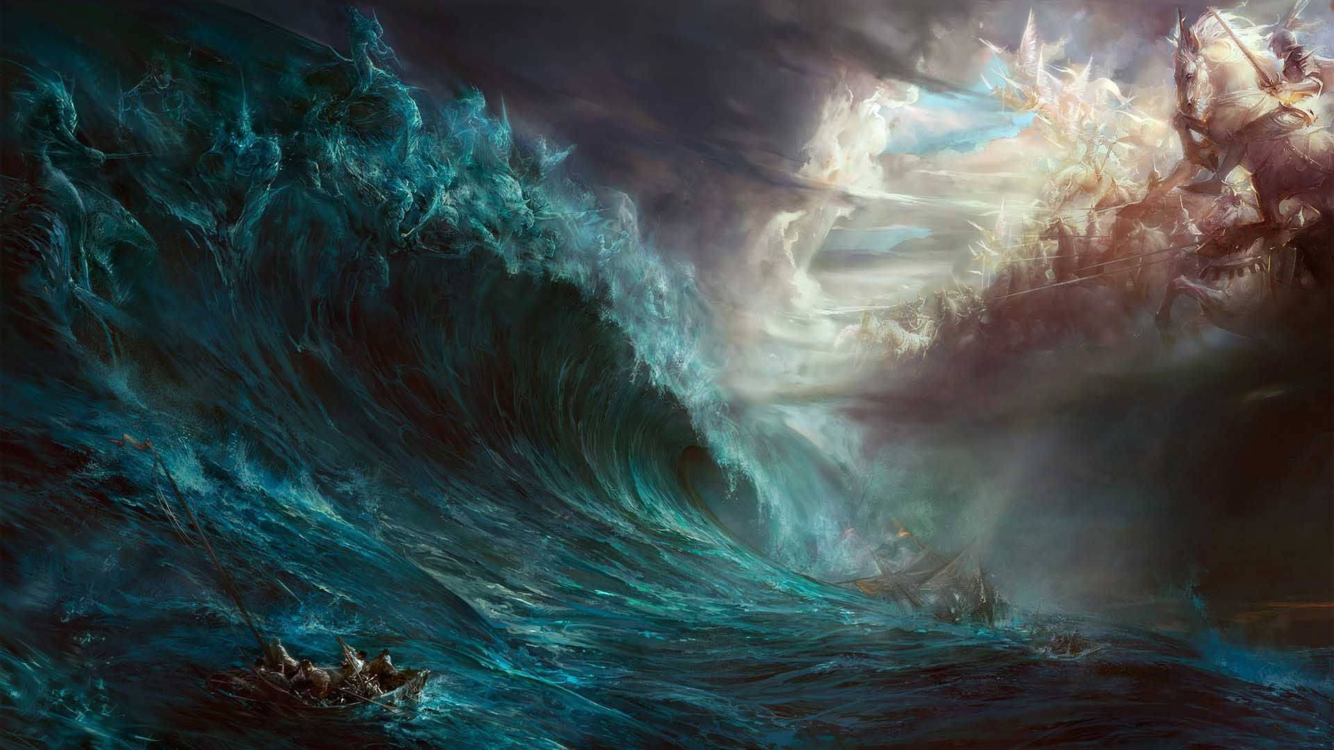 turquoise wave, ship, divine figure, Full HD Desktop Wallpaper