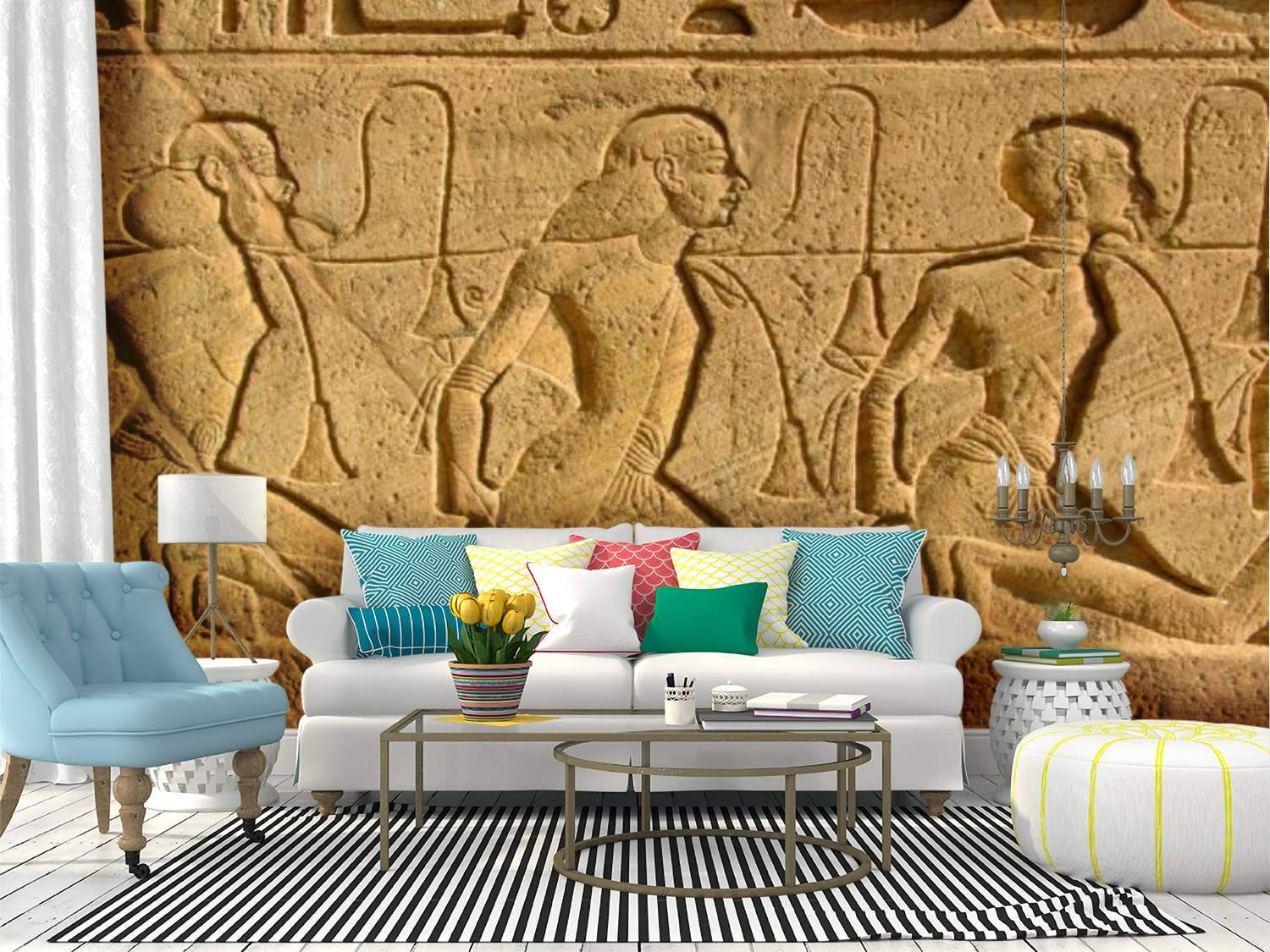 Abu Simbel, Egyptian relief wall mural, white sofa, HD Desktop Wallpaper
