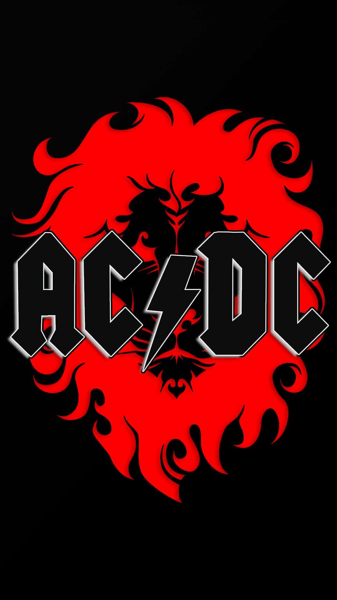 AC/DC, black background, vibrant red flame design, Full HD Phone Wallpaper
