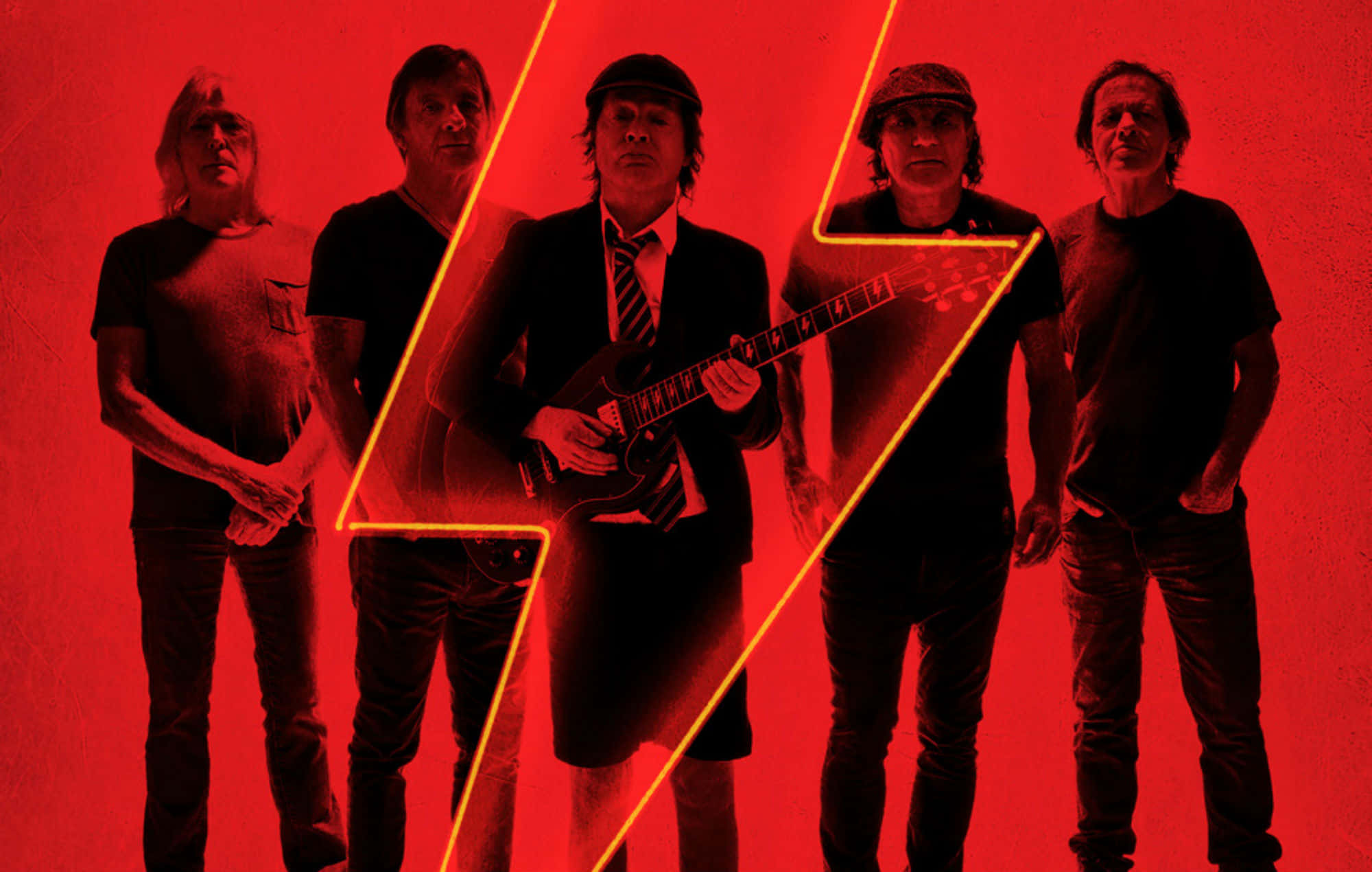 AC/DC, vivid red backdrop, glowing yellow lightning bolt, Full HD Desktop Wallpaper