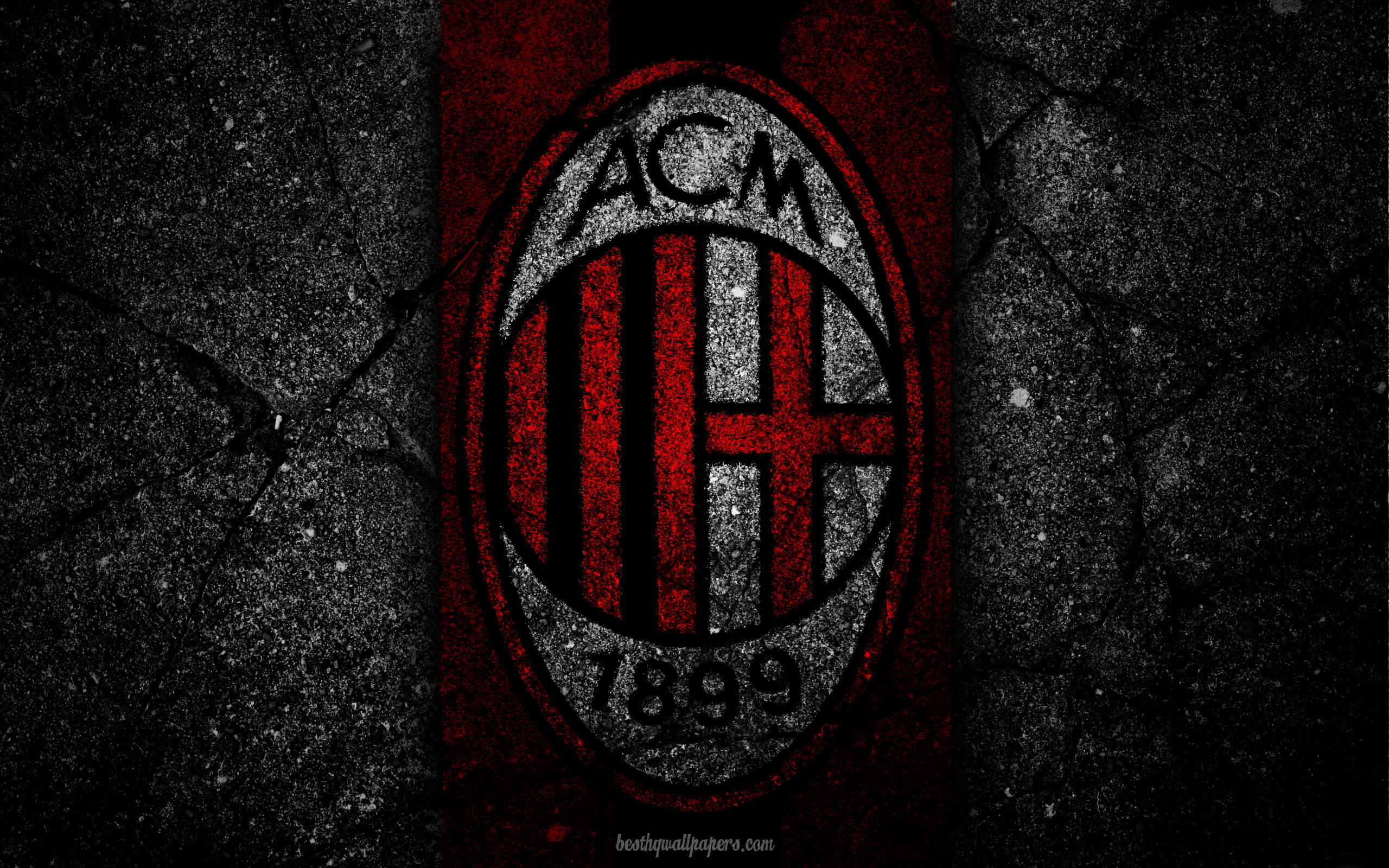 AC Milan, red and black stripes, cracked dark concrete, 2K Desktop Wallpaper