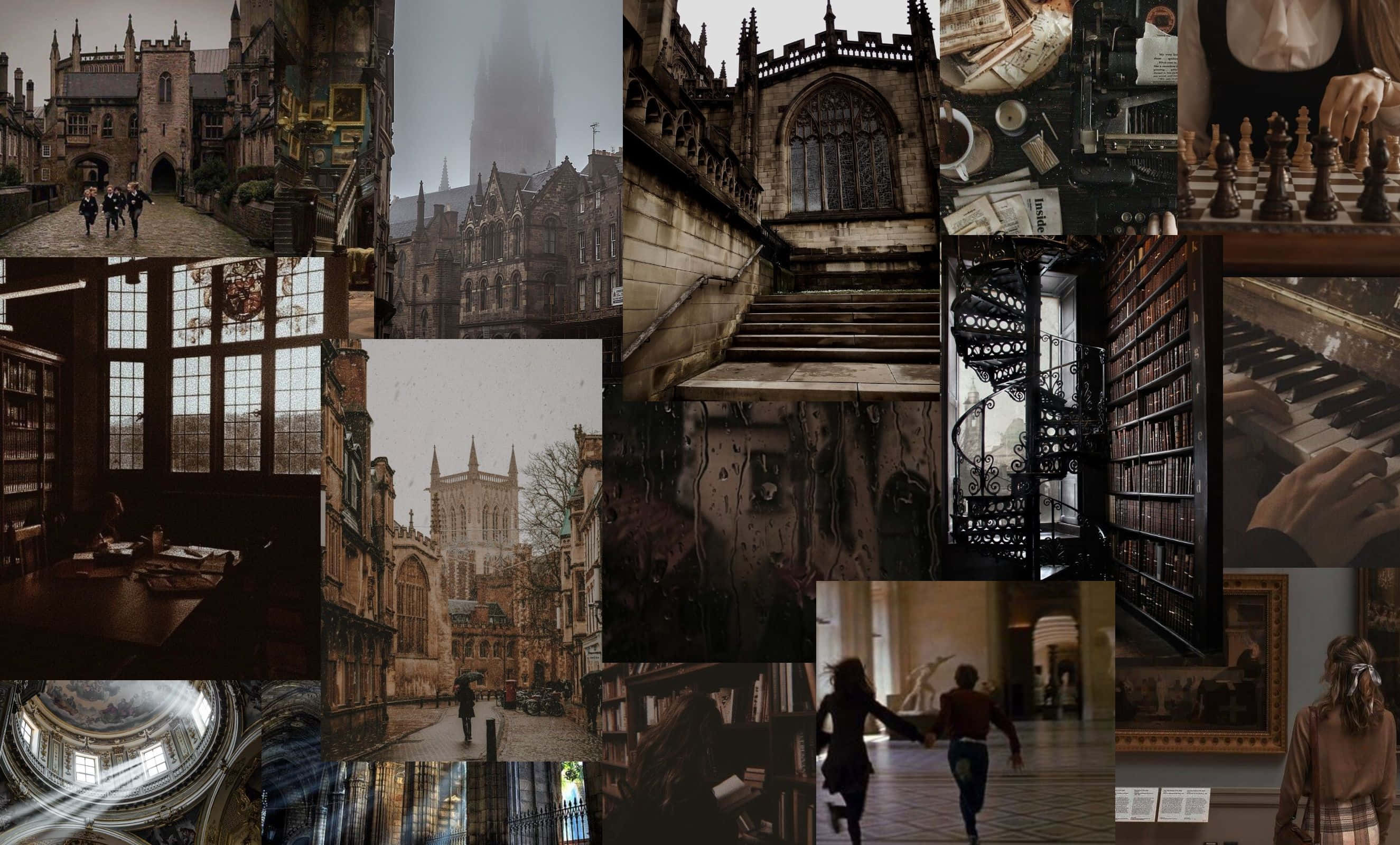 Academia Aesthetic, gothic architecture, bookshelves, 2K Desktop Wallpaper
