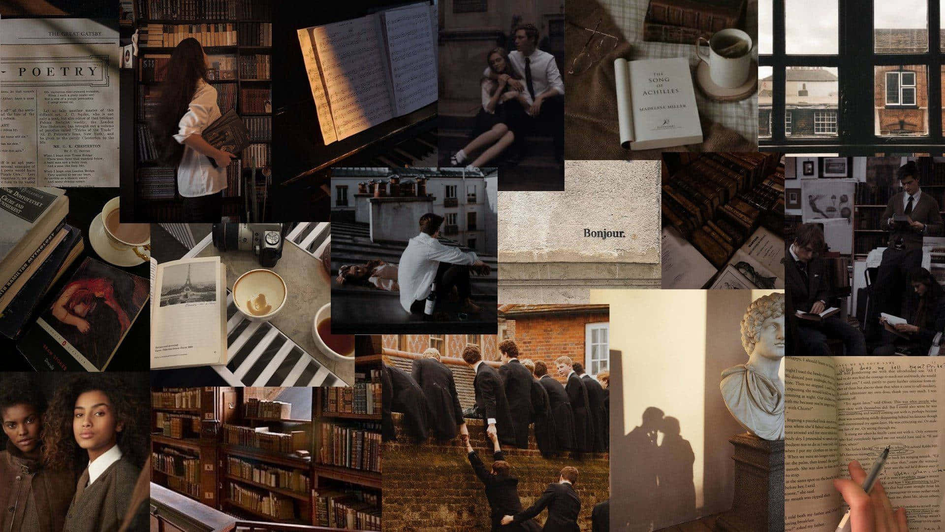 Academia Aesthetic, vintage bookshelves, coffee cups, Full HD Desktop Wallpaper