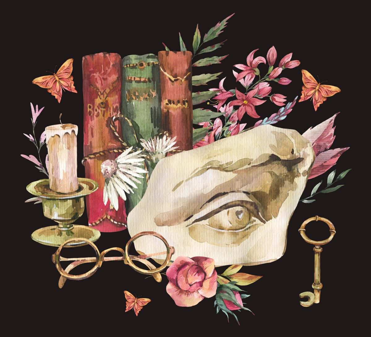 Academic Aesthetic, watercolor composition, vintage books, SD Desktop Wallpaper