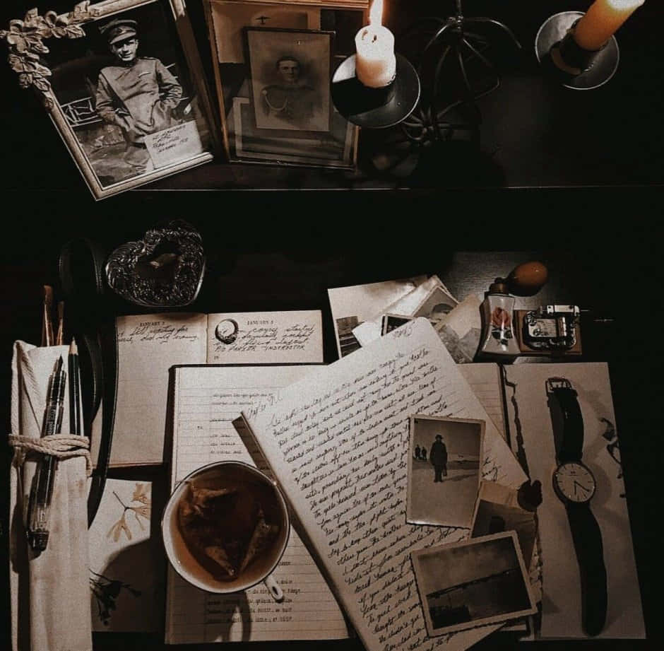 vintage academic desk setup, vintage photos, handwritten letters, SD Desktop Wallpaper