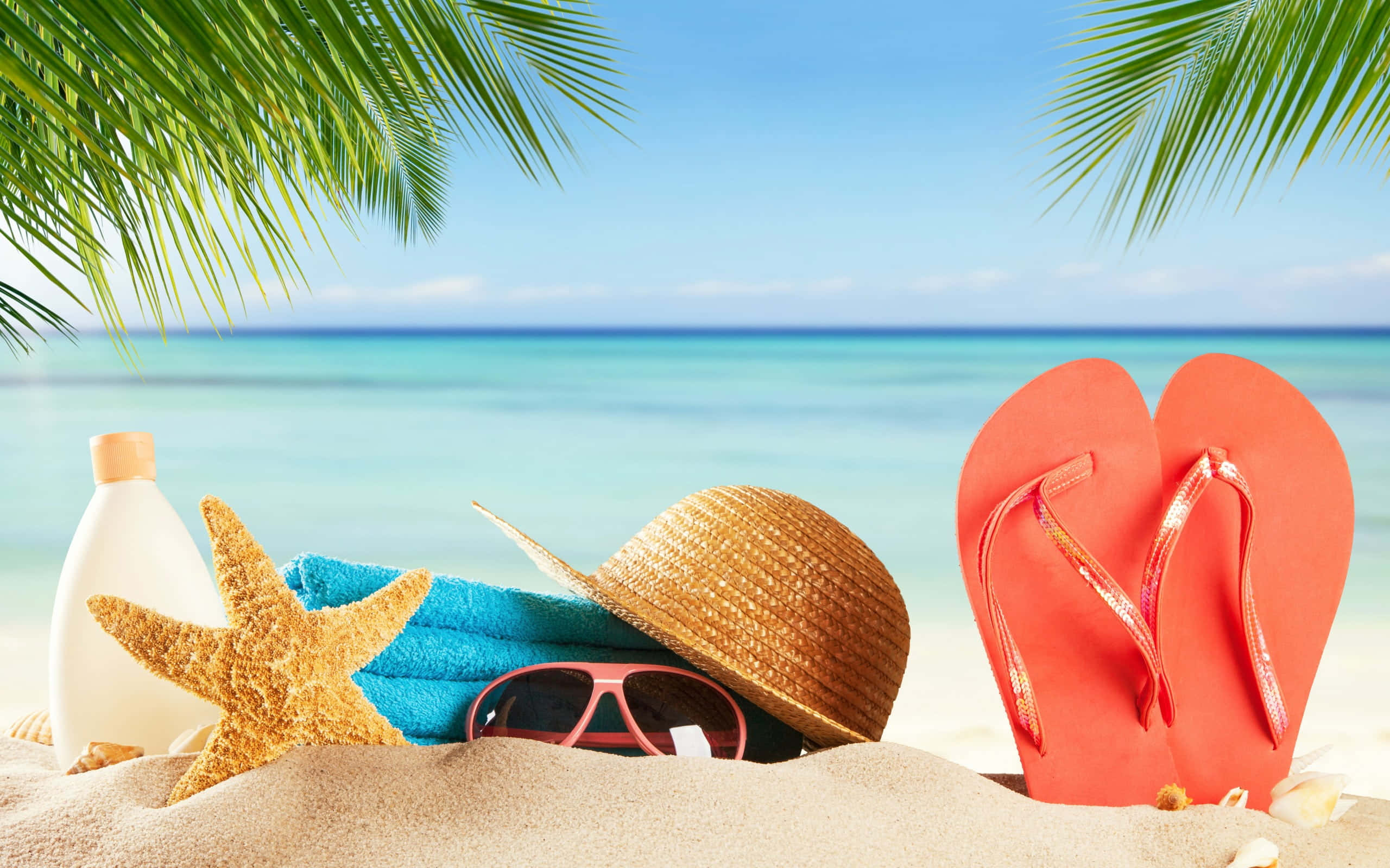 red flip flops, straw hat, sunglasses, 2K Desktop Wallpaper