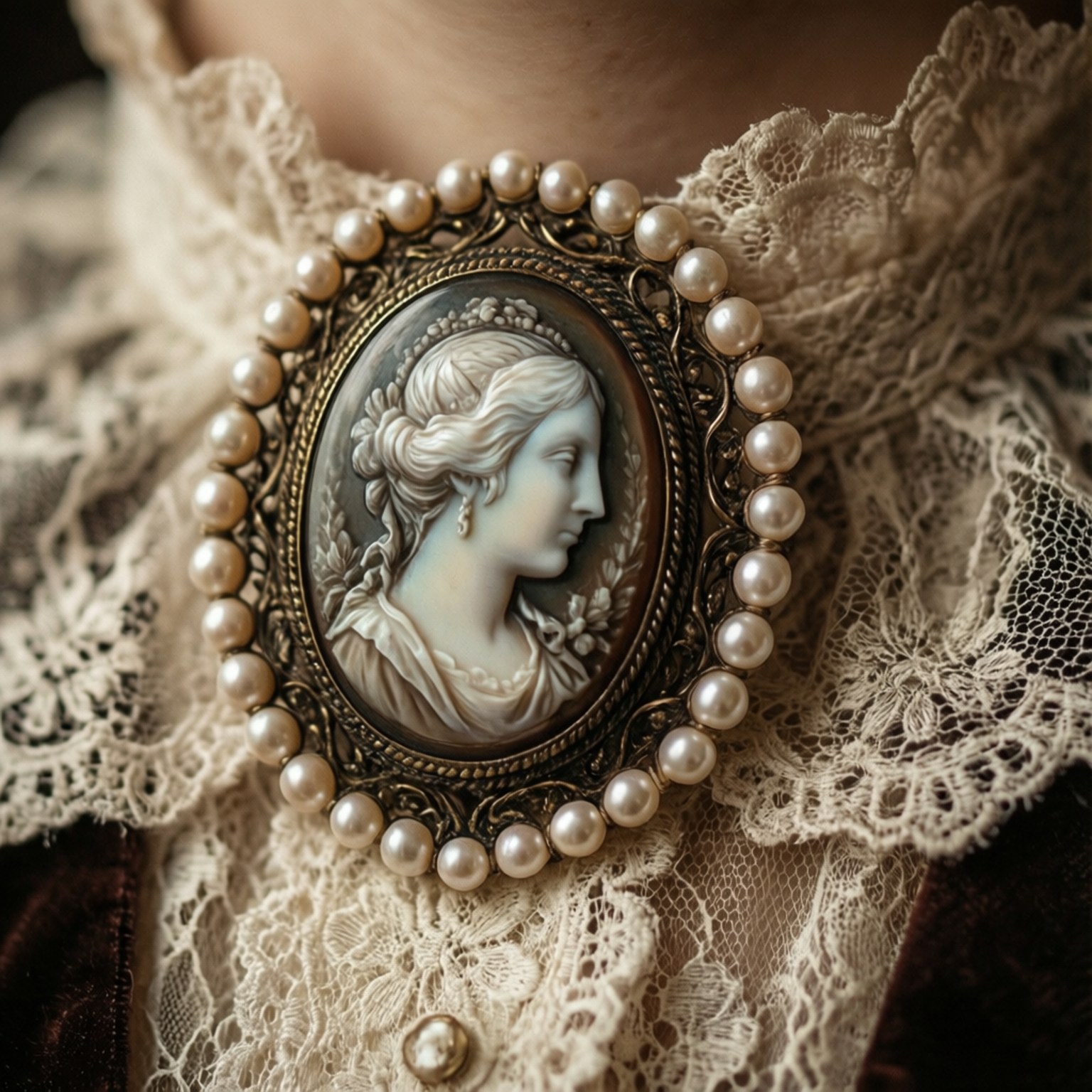 cameo, pearl brooch, lace, HD Desktop Wallpaper