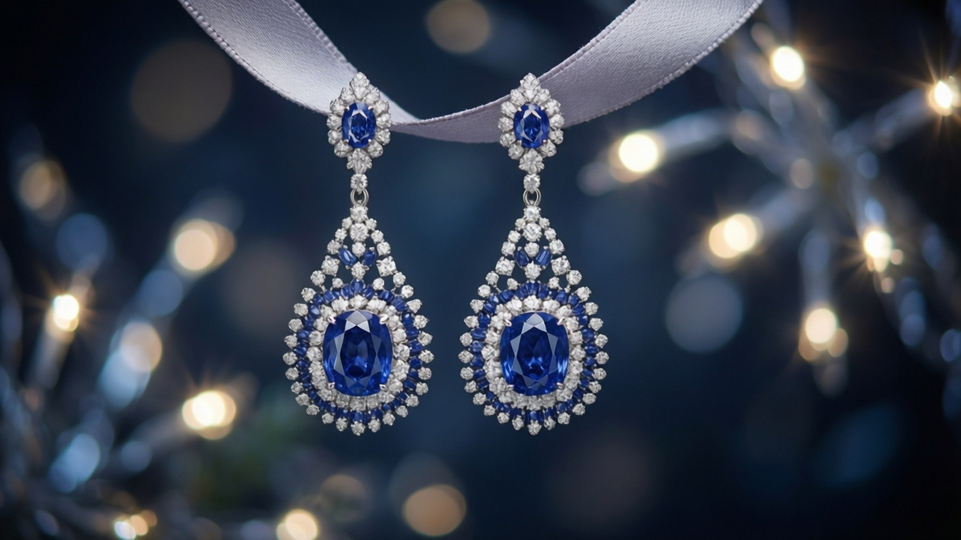sapphire drop earrings, diamond drop earrings, silver ribbon, Full HD Desktop Wallpaper