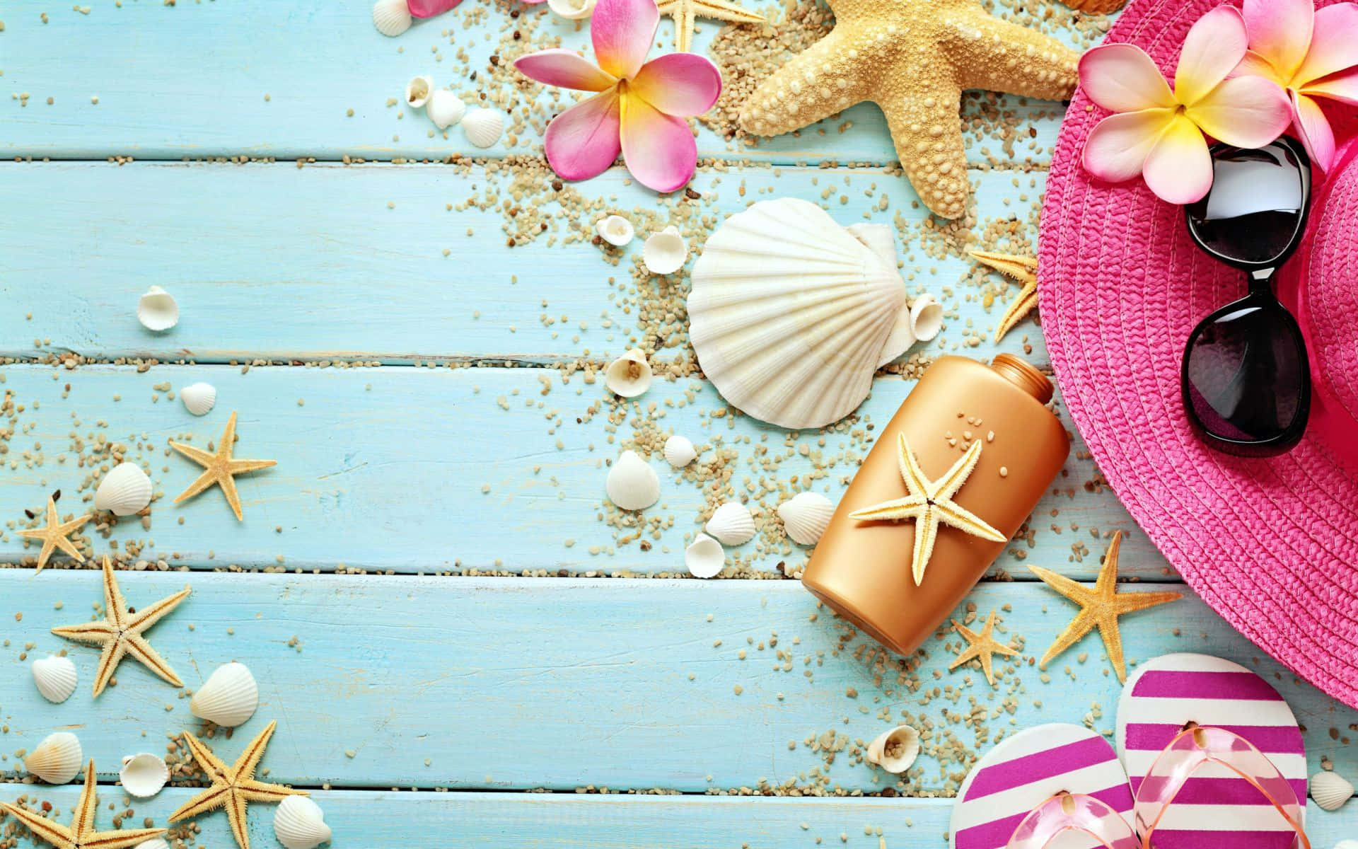 pink hat, sunglasses, flip flops, Full HD Desktop Wallpaper