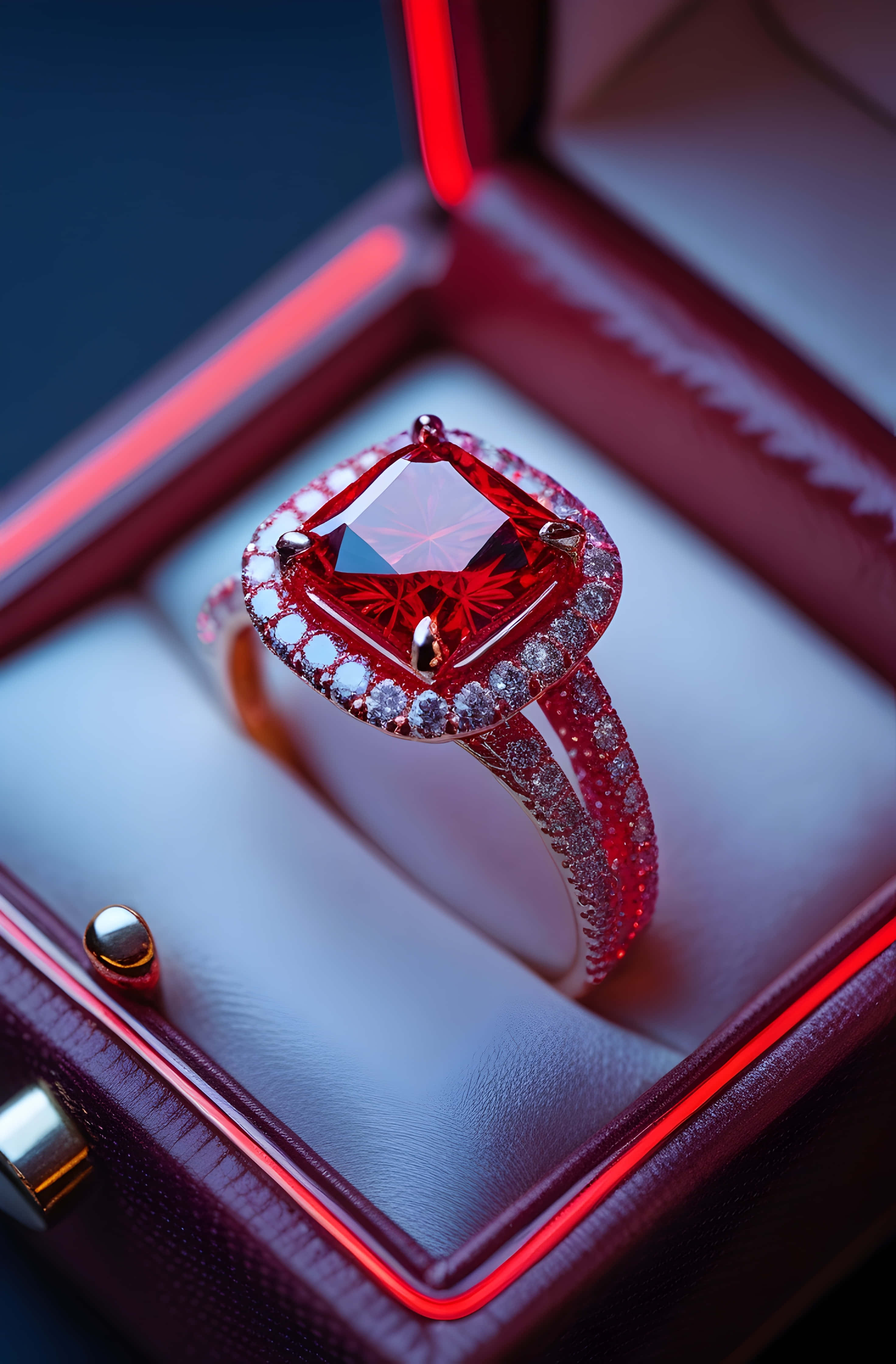 cushion cut ruby, diamond halo, red velvet jewelry box, 4K Phone Wallpaper