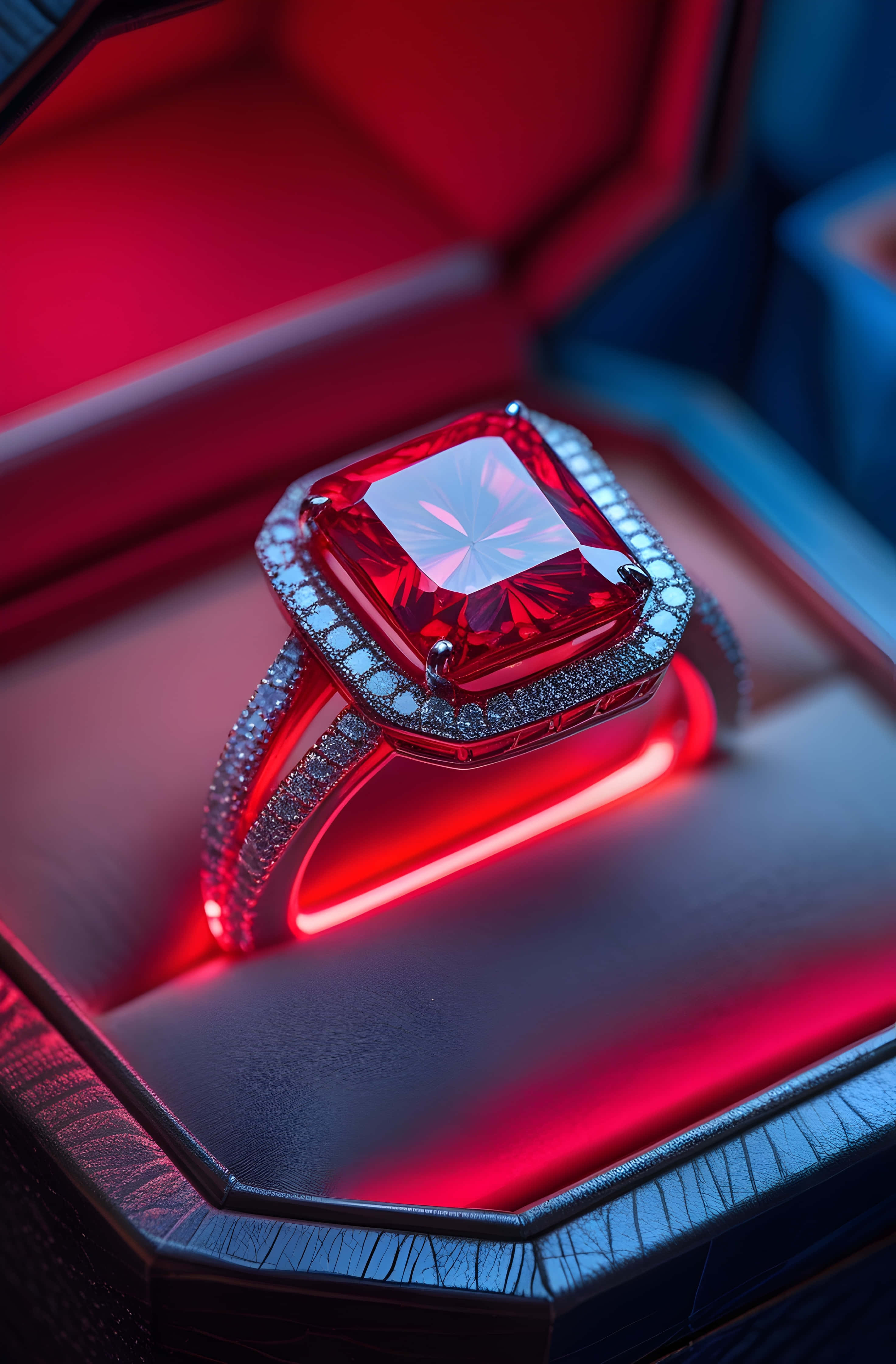 crimson gemstone, diamond halo, neon red light, 4K Phone Wallpaper