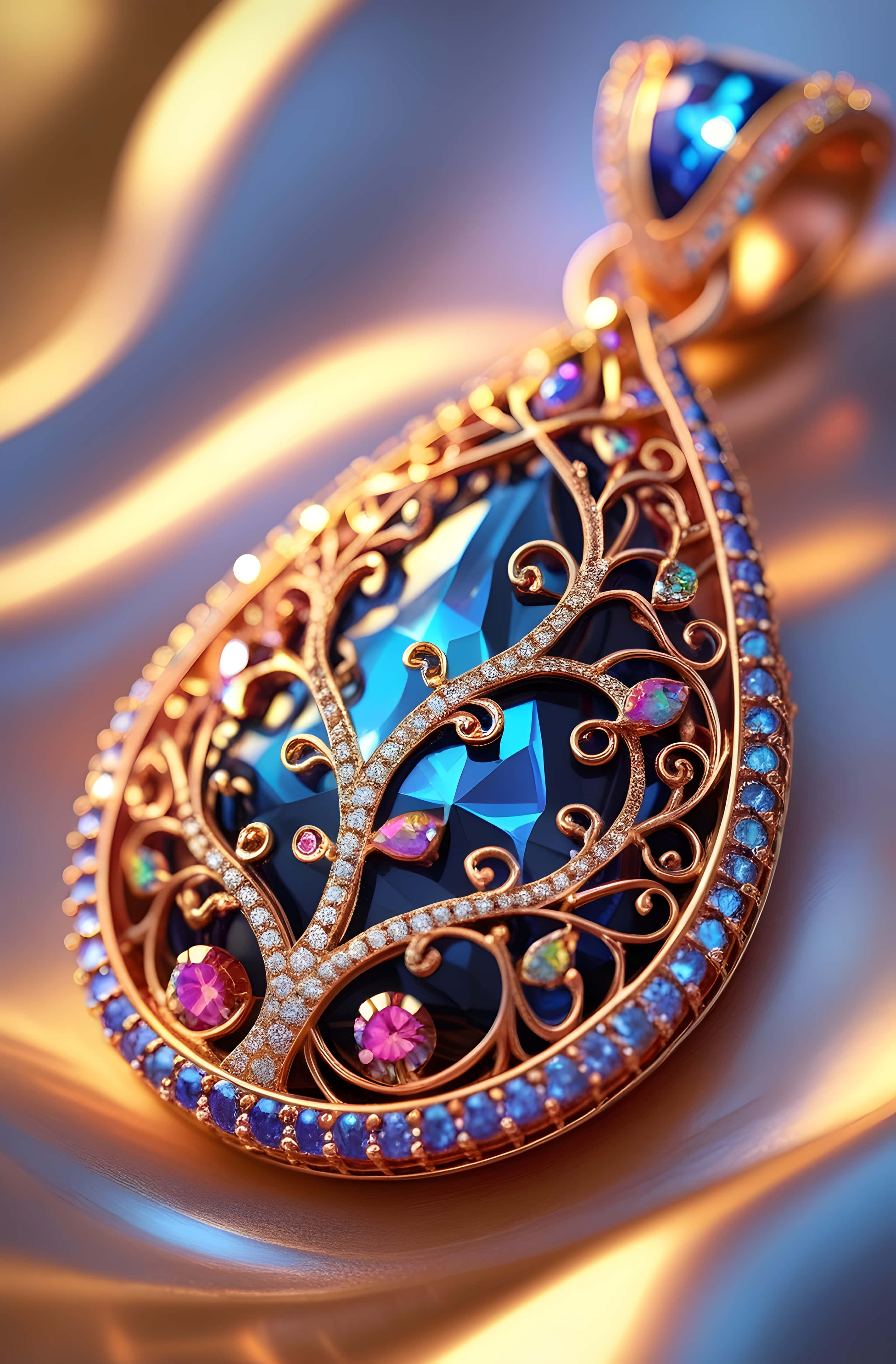ornate filigree gemstone pendant, gold pendant, intricate filigree, 4K Phone Wallpaper