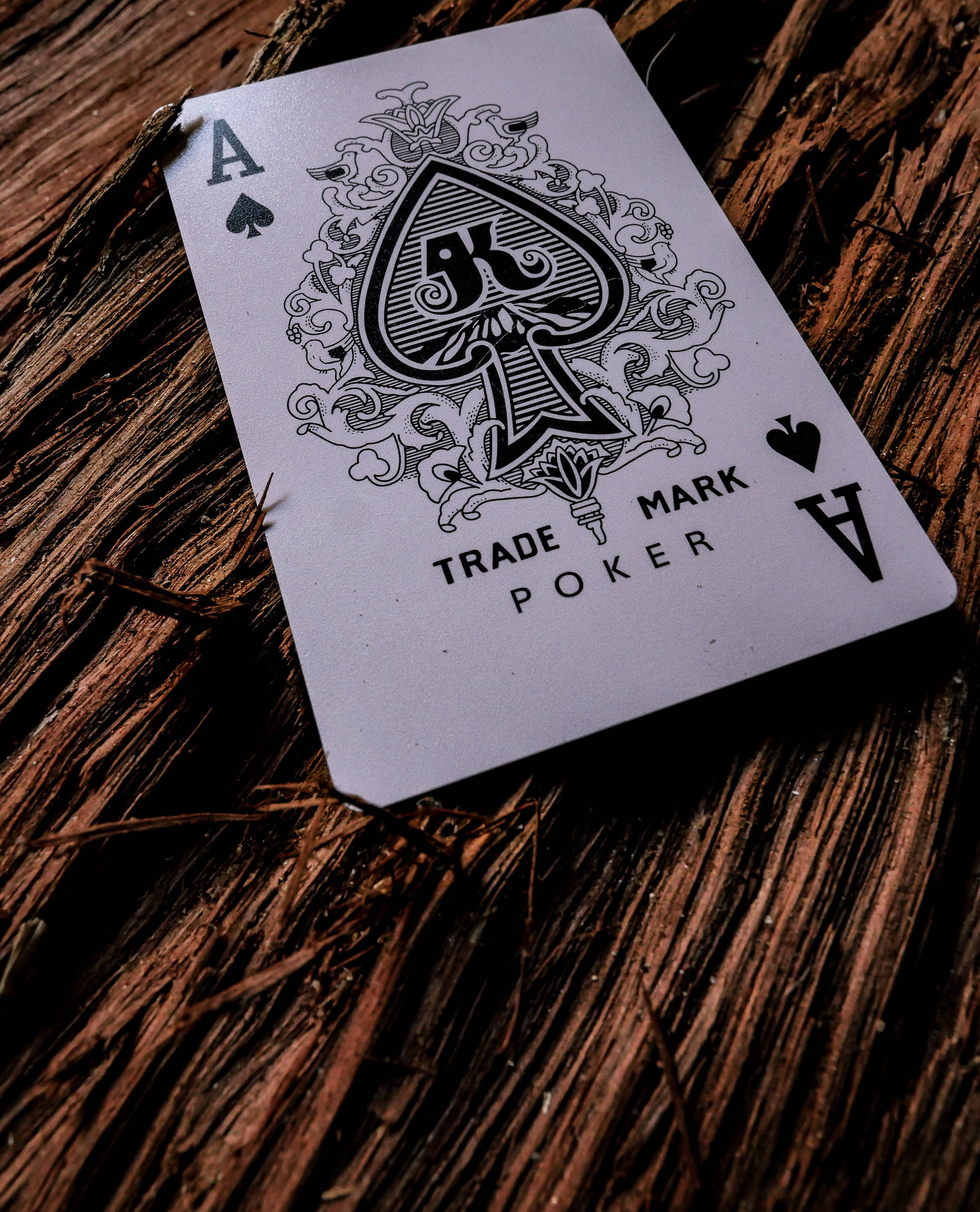 ace of spades playing cards, ace of spades card, textured brown wooden surface, 4K Phone Wallpaper