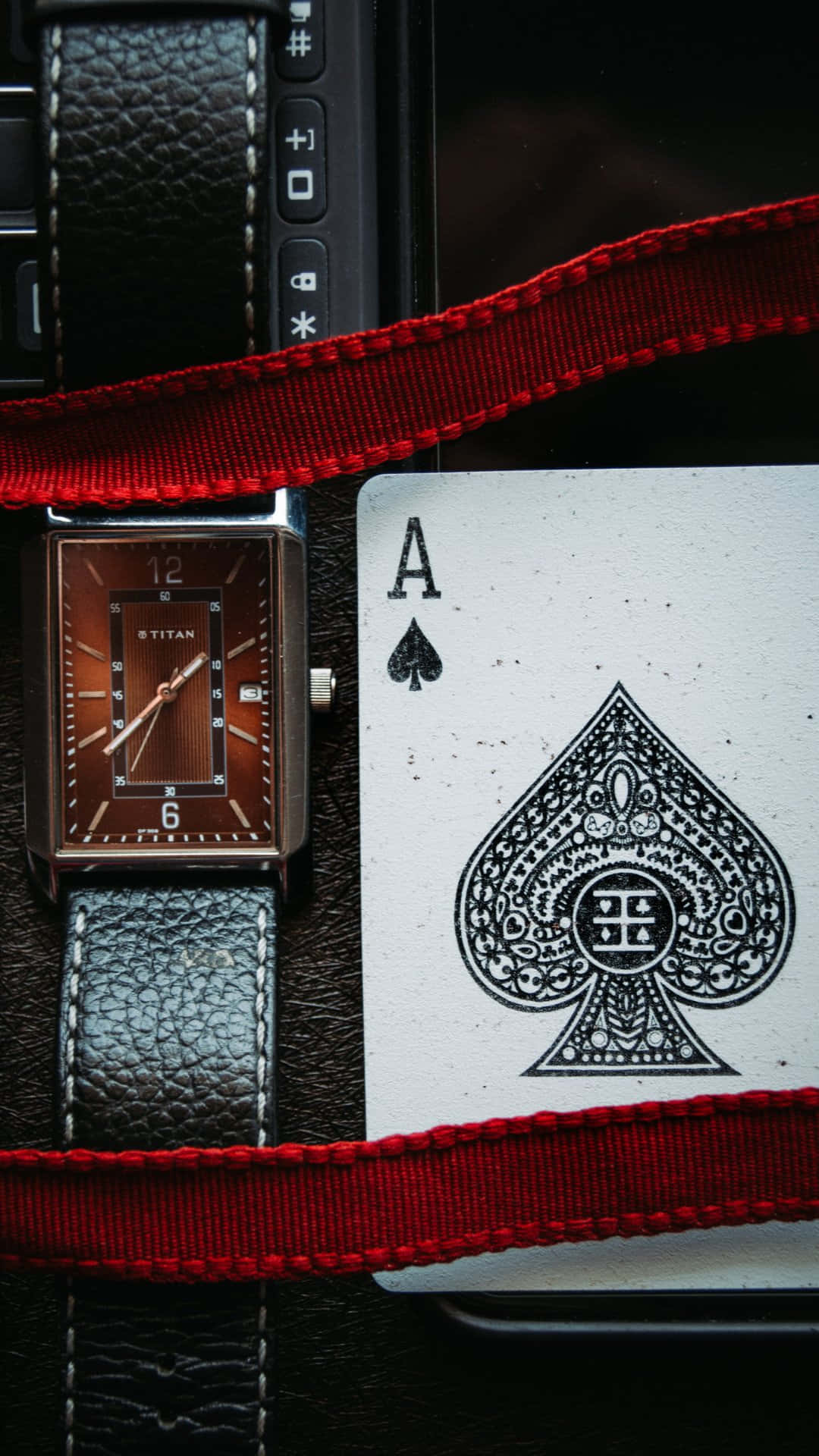 Ace of Spades, brown watch, red ribbon, Full HD Phone Wallpaper