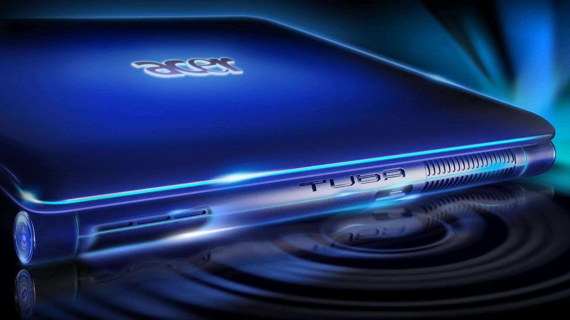 blue neon light, Acer laptop, dark reflective surface, Full HD Desktop Wallpaper