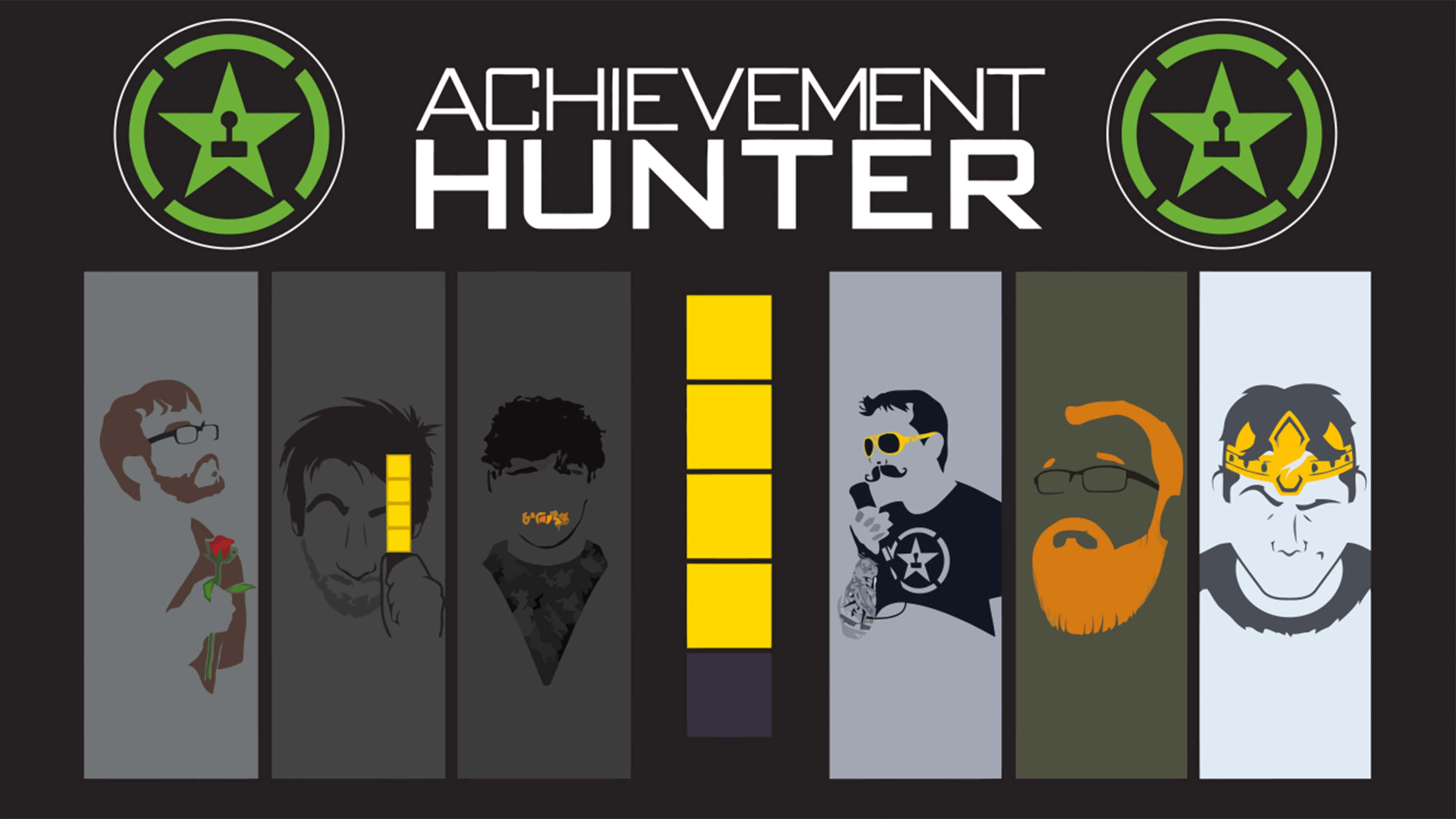 Achievement Hunter, green star emblems, monochrome panels, 4K Desktop Wallpaper