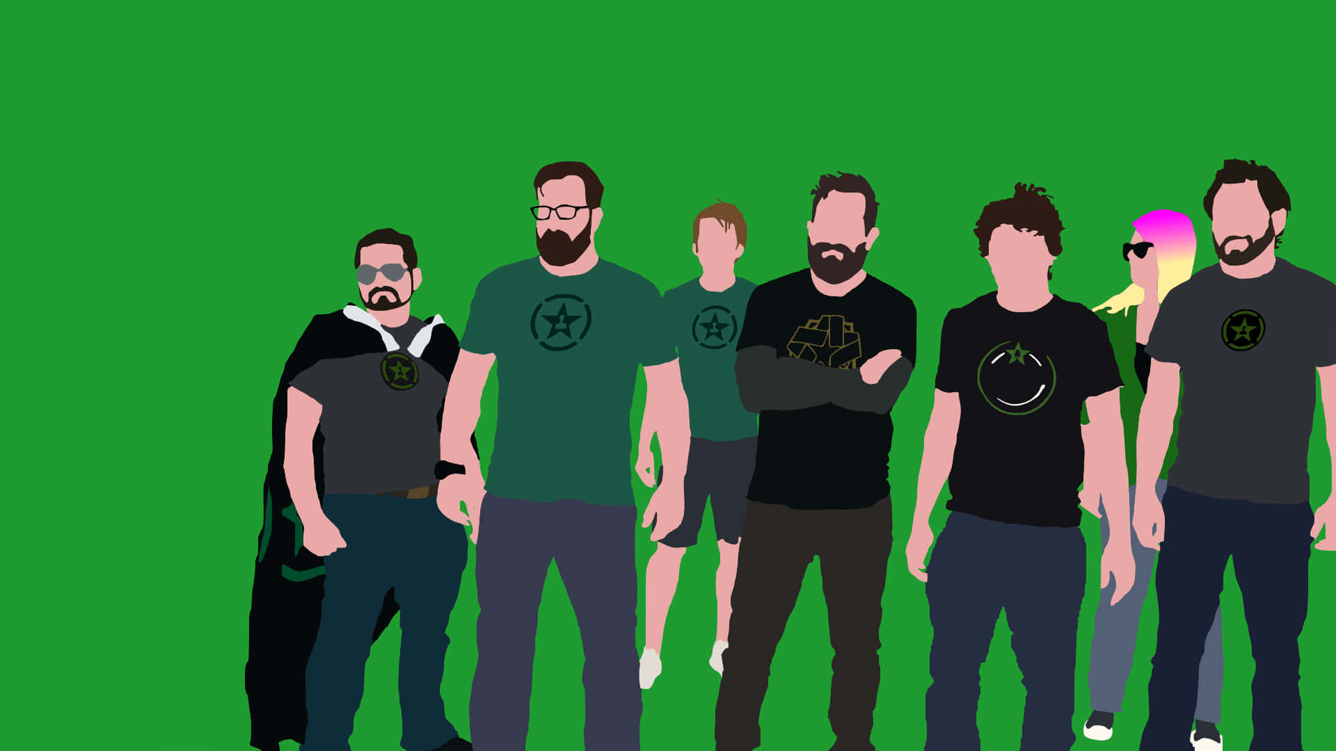 Achievement Hunter, green background, six stylized men, Full HD Desktop Wallpaper