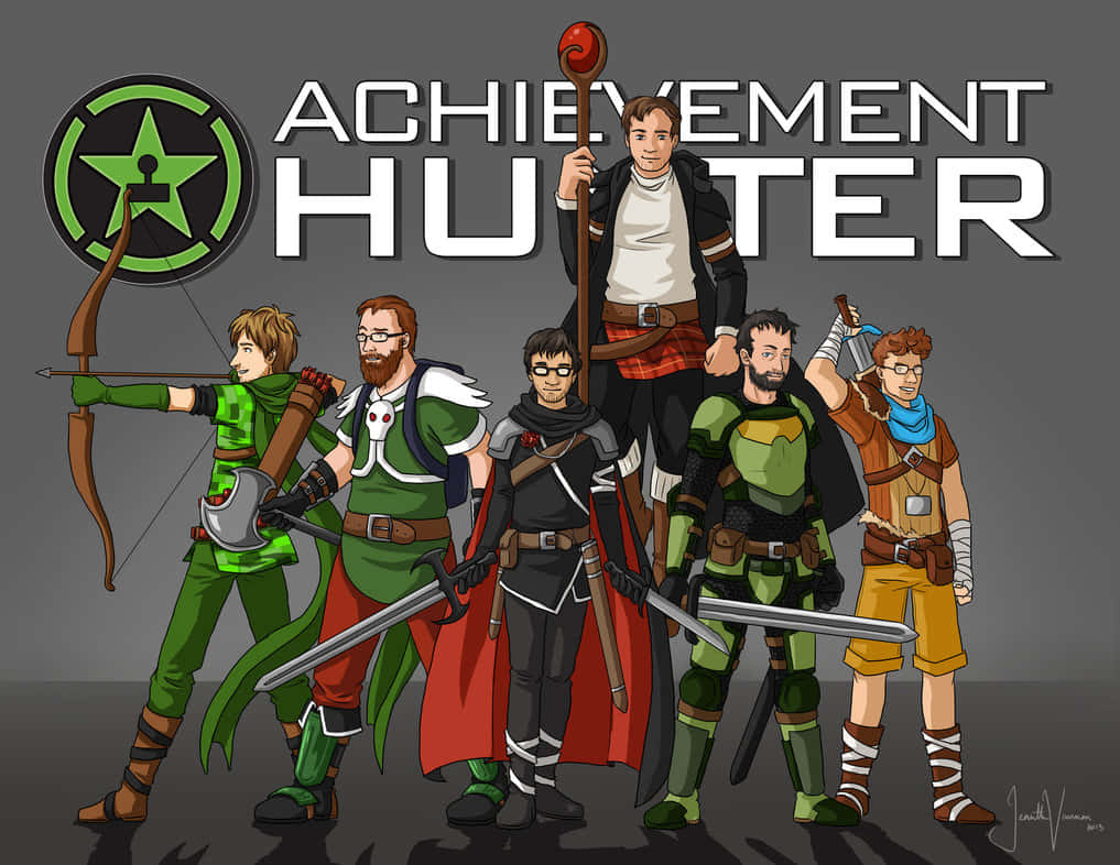 Achievement Hunter, fantasy gear, six illustrated adventurers, SD Desktop Wallpaper