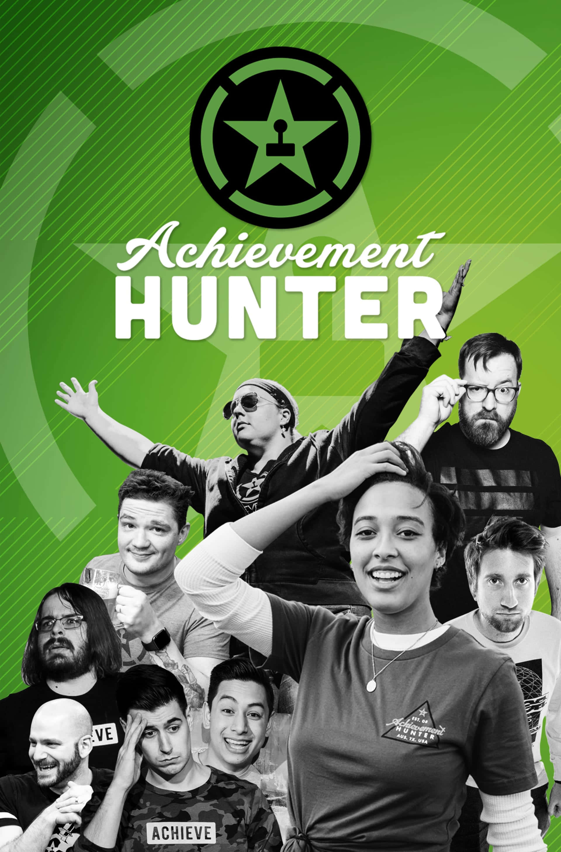 Achievement Hunter, vibrant green, collage of smiling and expressive people, 2K Phone Wallpaper