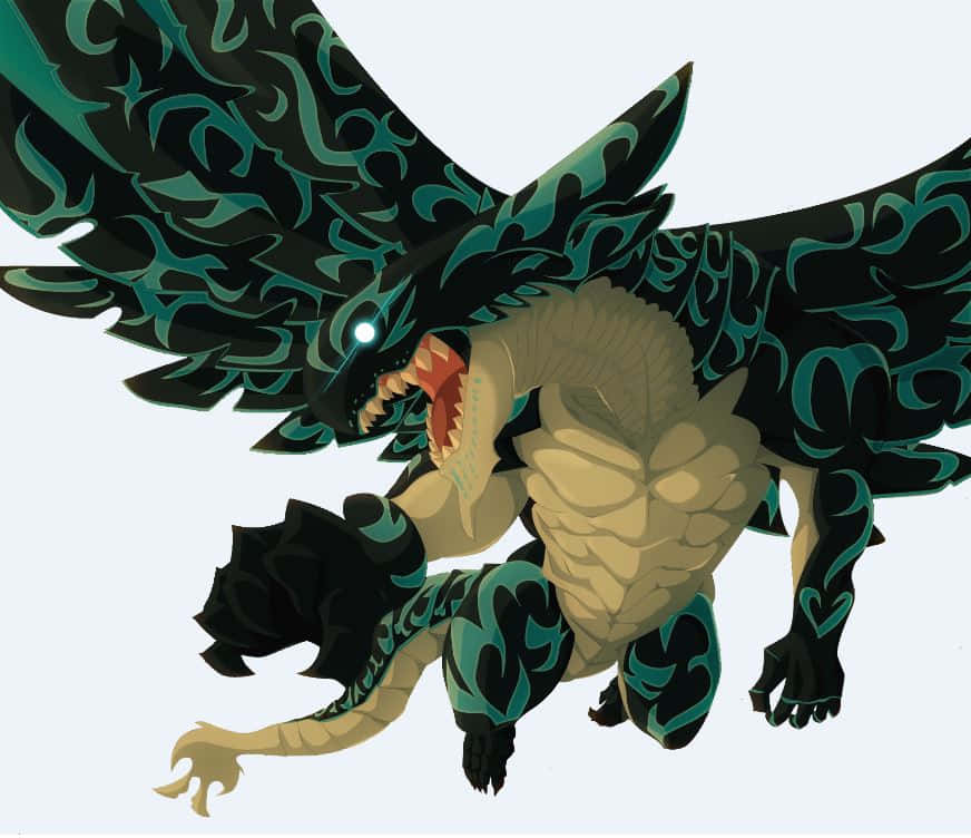 Acnologia, black and teal flame-patterned wings, glowing eyes, SD Desktop Wallpaper